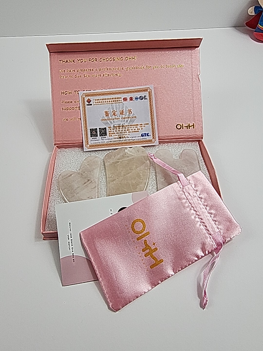Pink Rose Quartz Jade Gua Sha Face Body Therapy Massager Stone 3 piece Set Chip