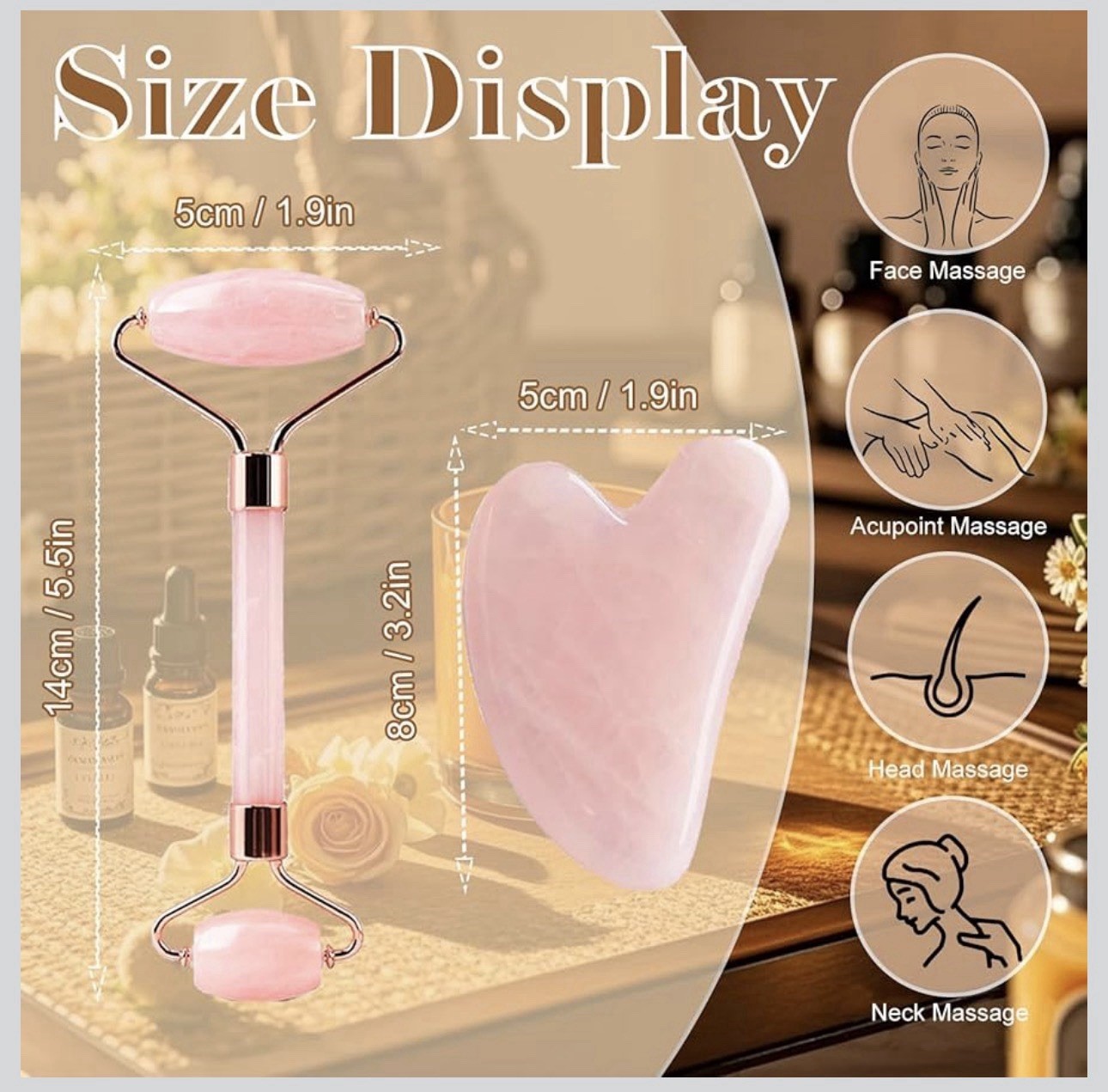 Rose Quartz Jade Roller & Gua Sha Face Body Therapy Massager Stone Set