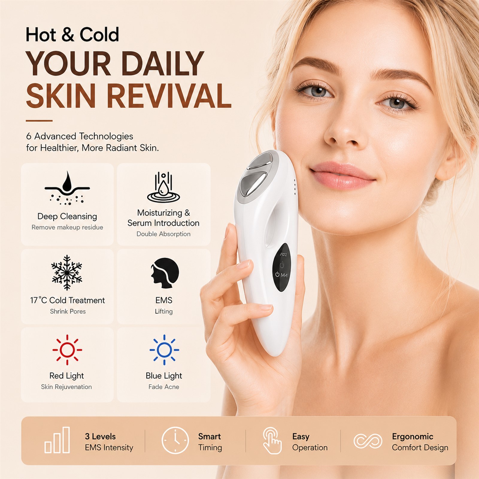 Facial Skin Massager Hot & Cold EMS Beauty Device LED Light Self-Care