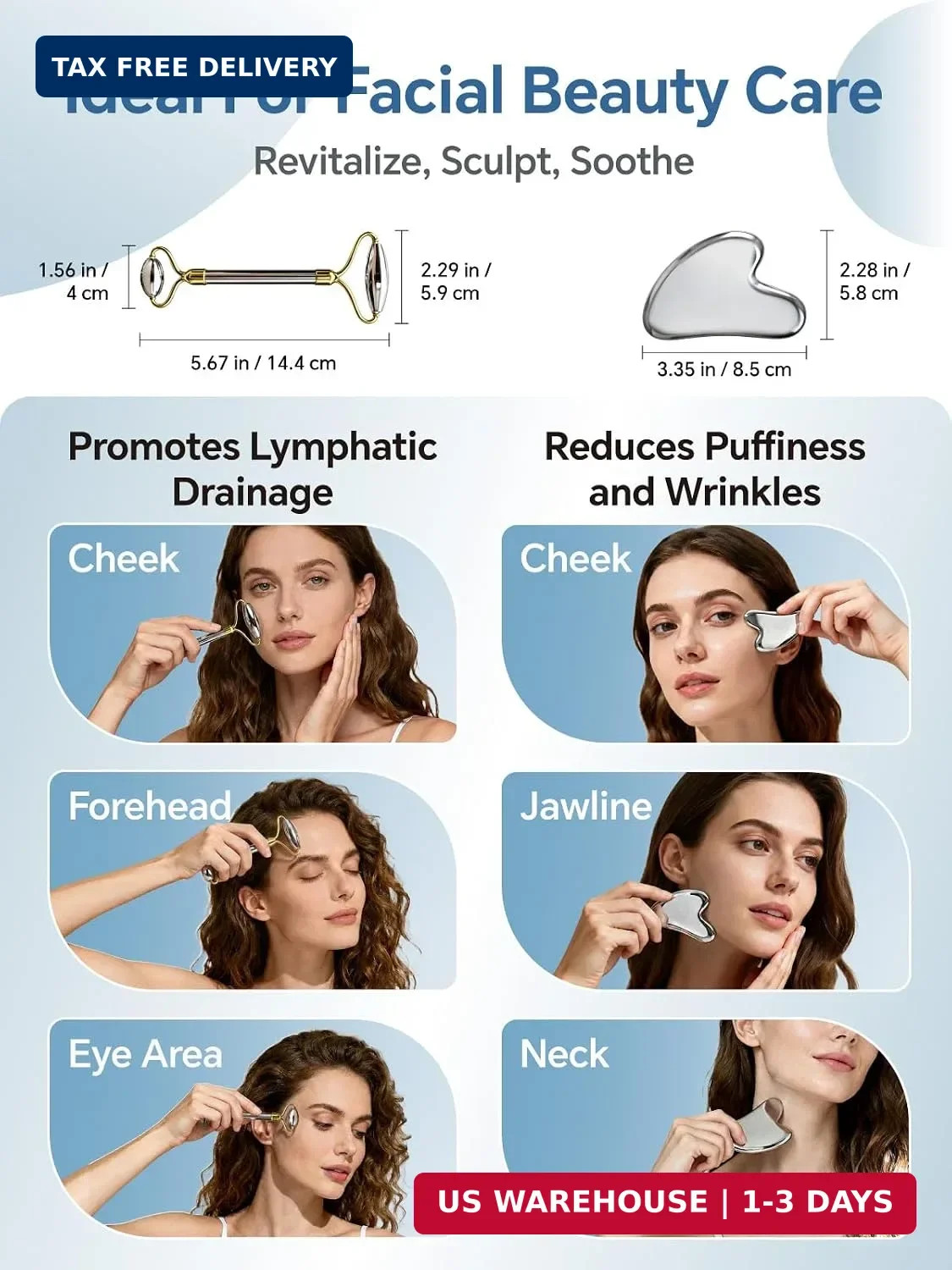 Stainless Steel Face Roller & Gua Sha Facial Tools, Face Massager for Self Care,