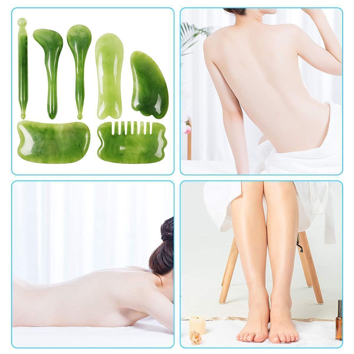 7Pcs Set Gua Sha Natural Resin Quartz Stone Shape Facial Body Massage Board Tool