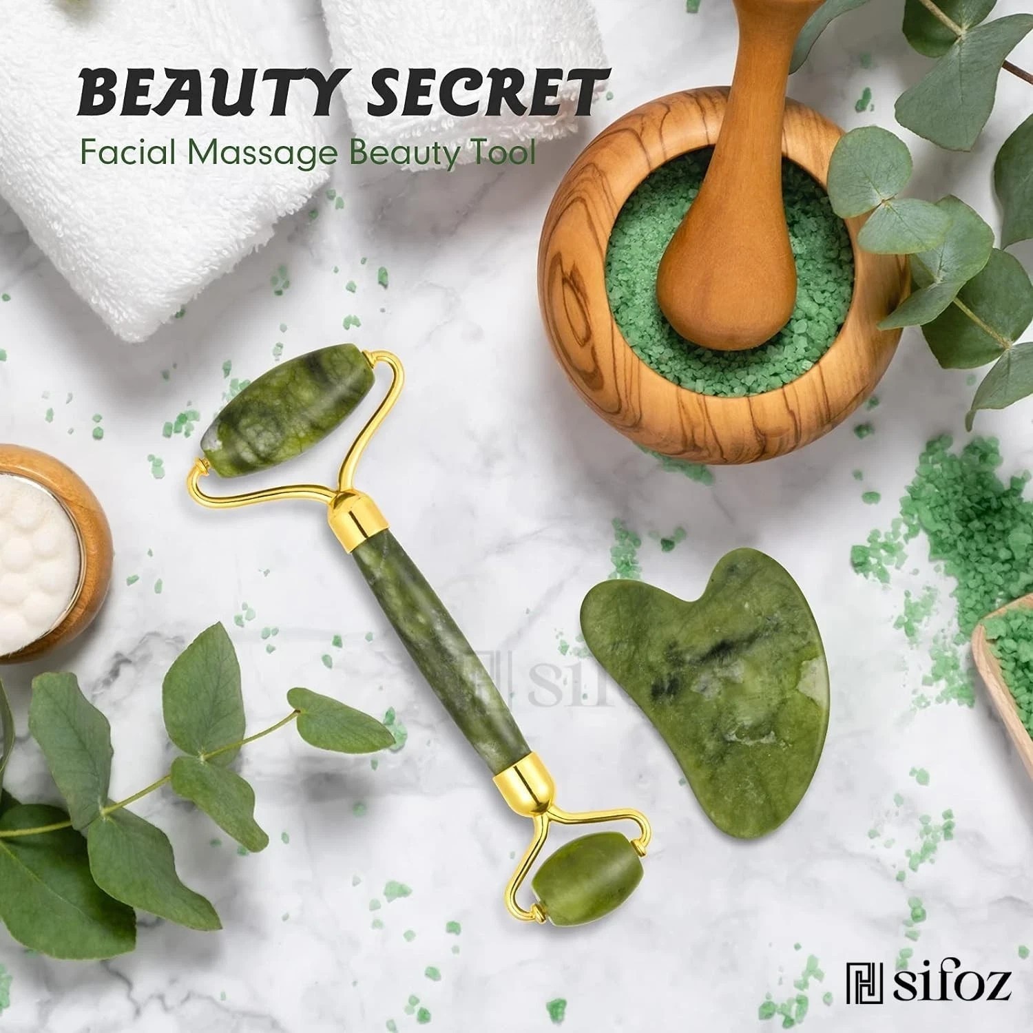 Sifoz Jade Roller & Gua Sha Set Face Anti-Aging Facial Roller Skin Care Tool F40