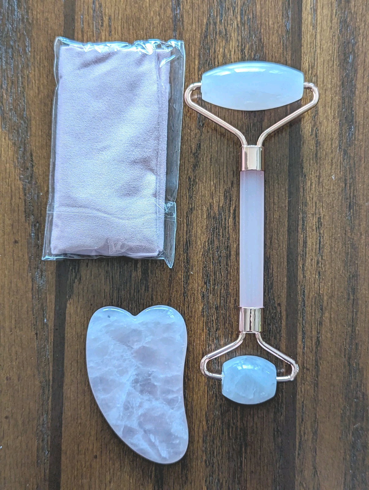 Rose Quartz Roller & Gua Sha Set Anti Aging Face Massager w/Cleaning Cloth, Case
