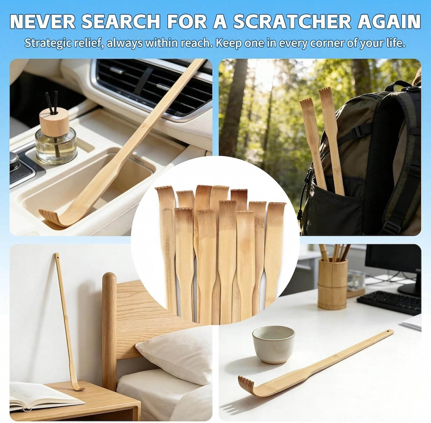 12 PCS Natural Bamboo Back Scratcher, 16.5 Inch Long Handle Wooden Back Scratche