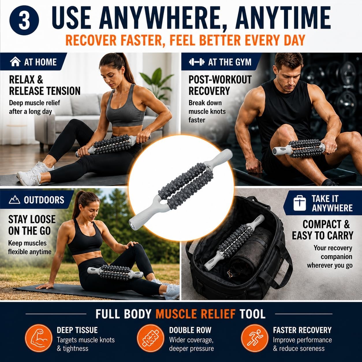 Deep Tissue Massage Roller Stick – Portable Muscle Recovery Tool for Legs, Back