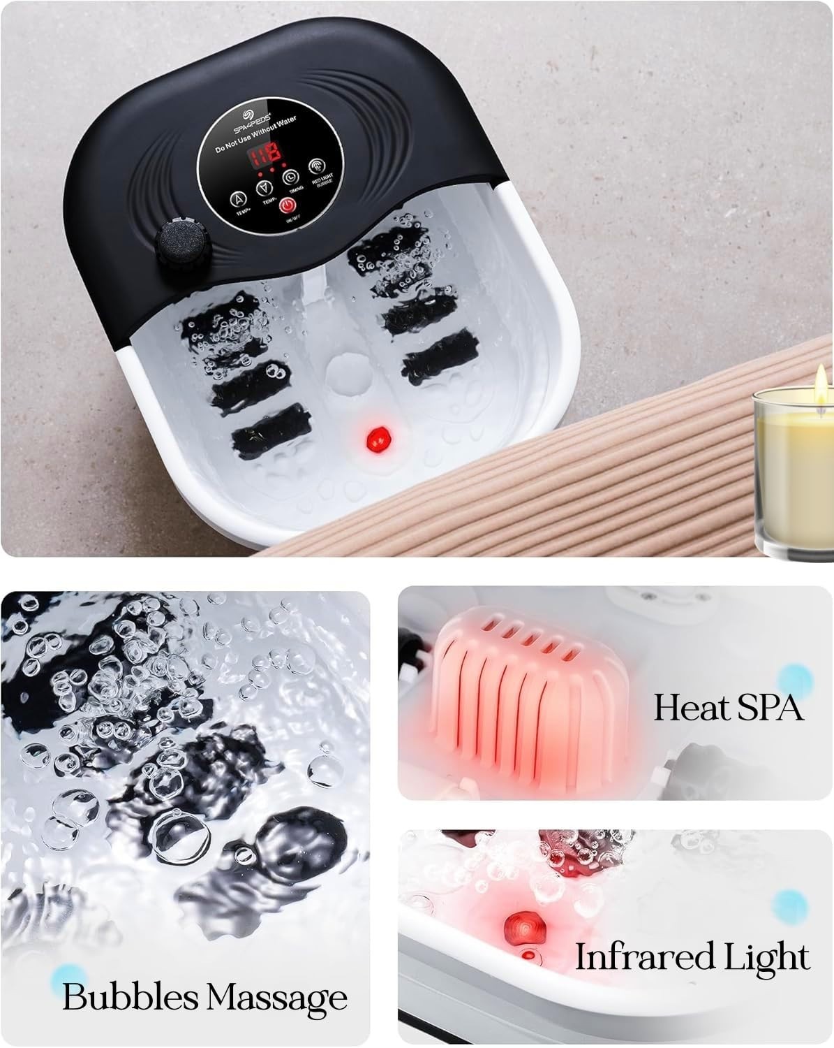 Collapsible Heated Foot Spa Massager with Bubble & Red Light, 8 Shiatsu Rollers,