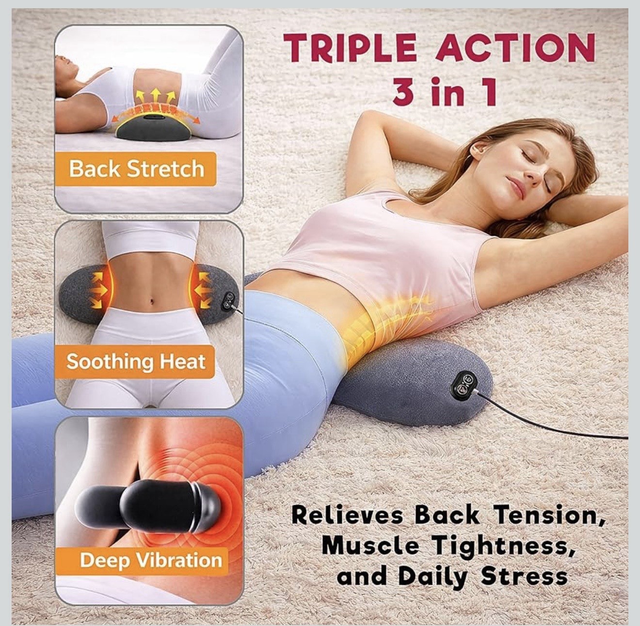 My Pera 3-in-1 Back Massager w/ Heat Therapy, Vibration, Lift Stretch, Gray