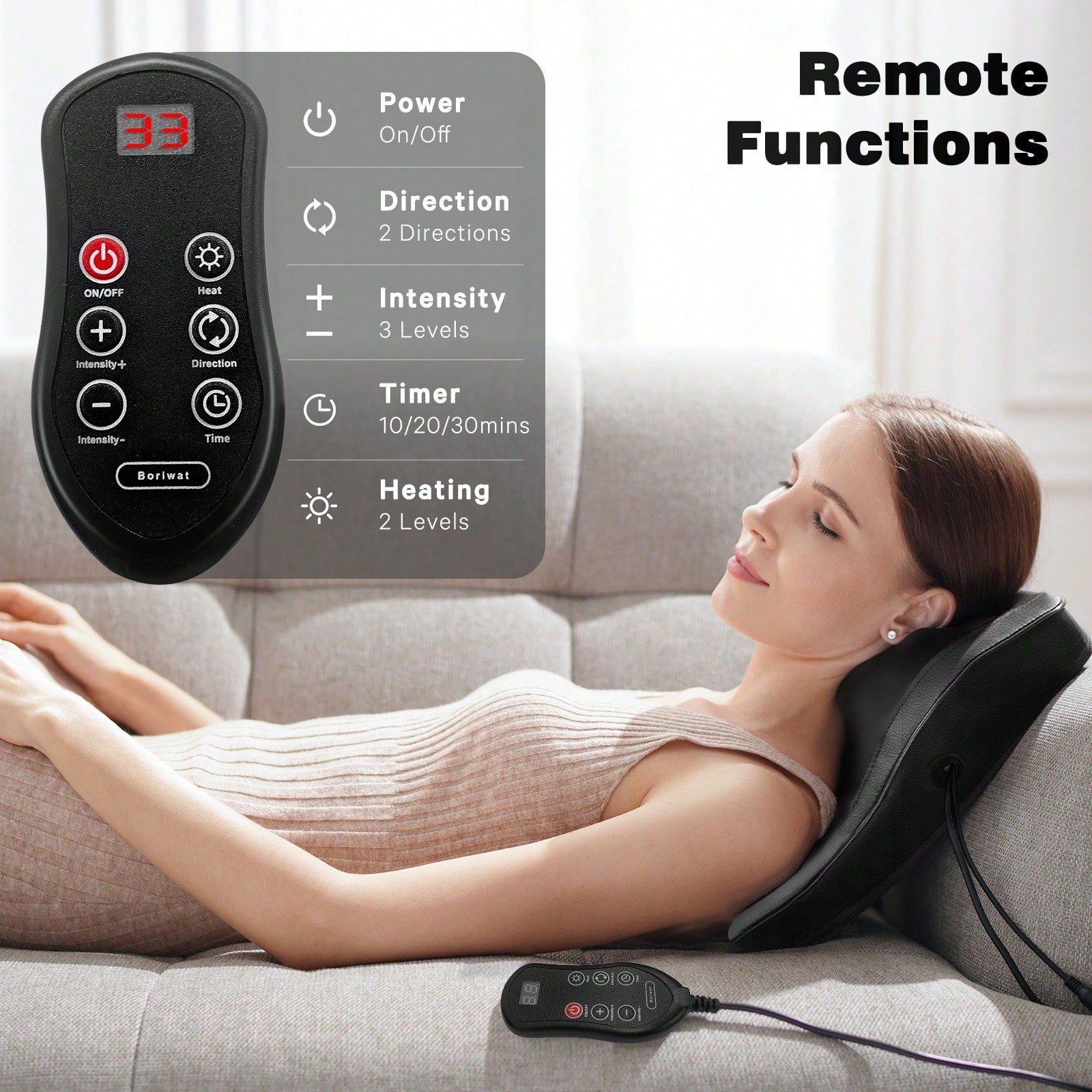 New Boriwat 3D Kneading Back Neck Massager Pillow Heat Pain Relief Gift Black