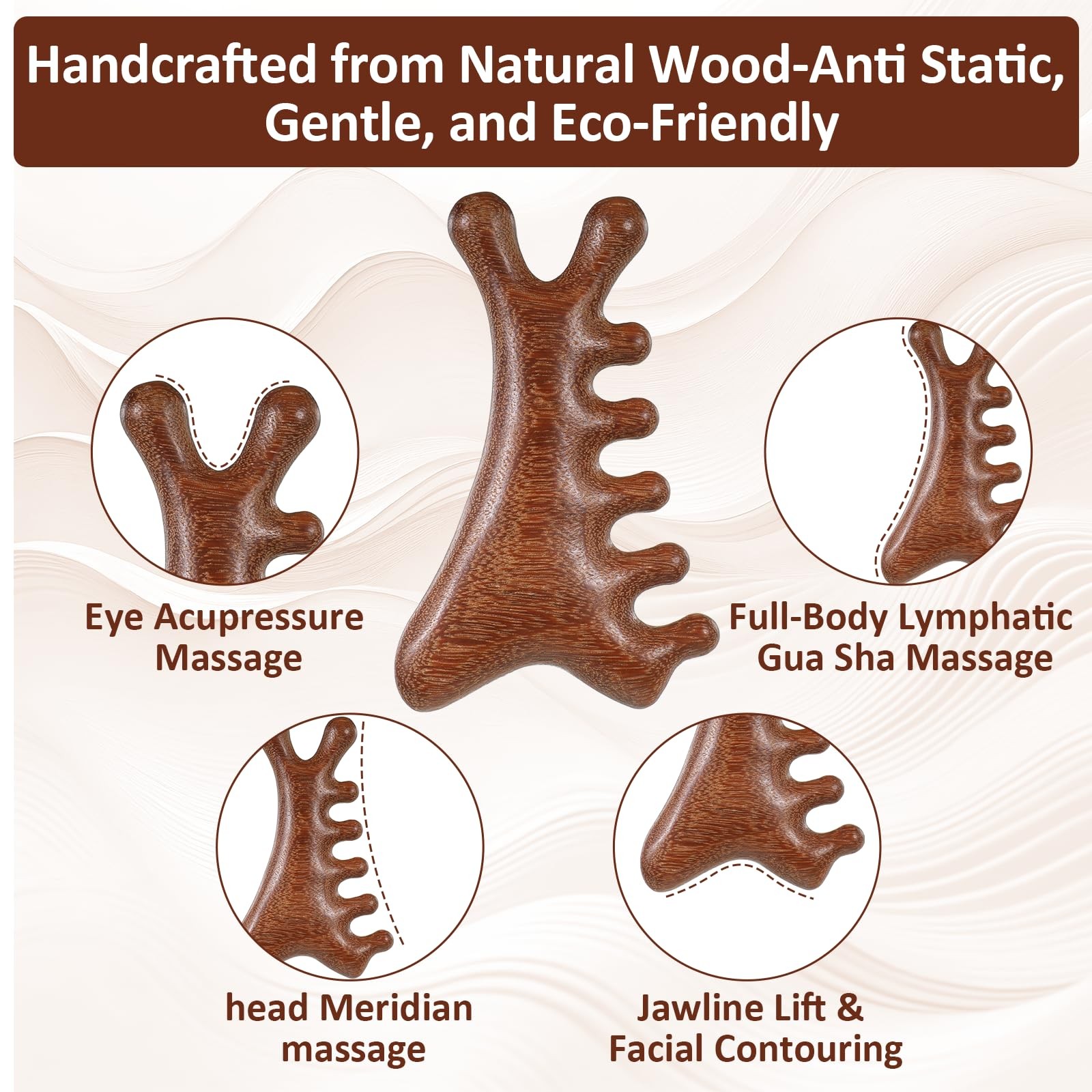 Natural Sandalwood Gua Sha Comb, 4-in-1 Scalp Massager for Hair Growth & Stre…