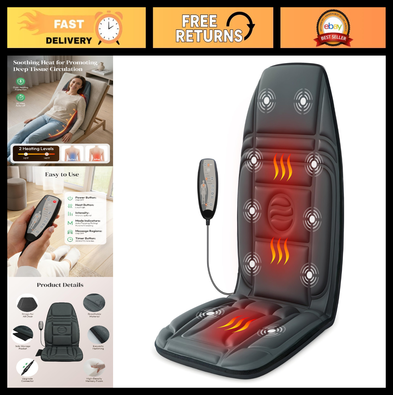 Back Massager with Heat & Vibration, 10 Motors, Muscle Relief Massage Pad