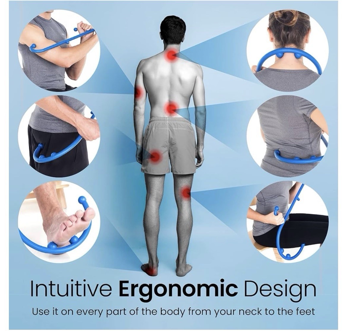 LiBa Trigger Point Massager Manual Ergonomic Fiberglass 6 Heads Back Neck Blue