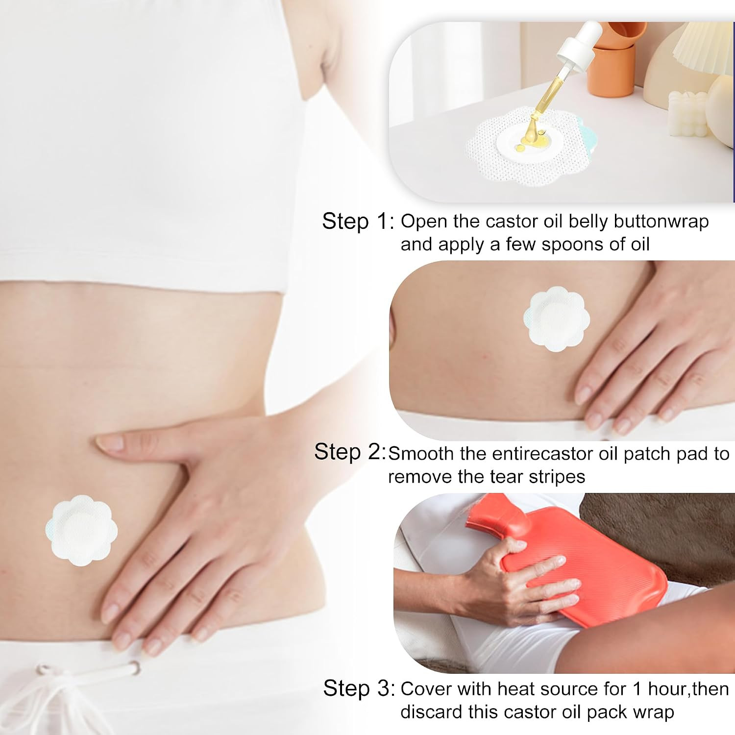 50PCS Castor Oil Patches, Castor Oil Pack Wraps Disposable Organic Cotton Self-A