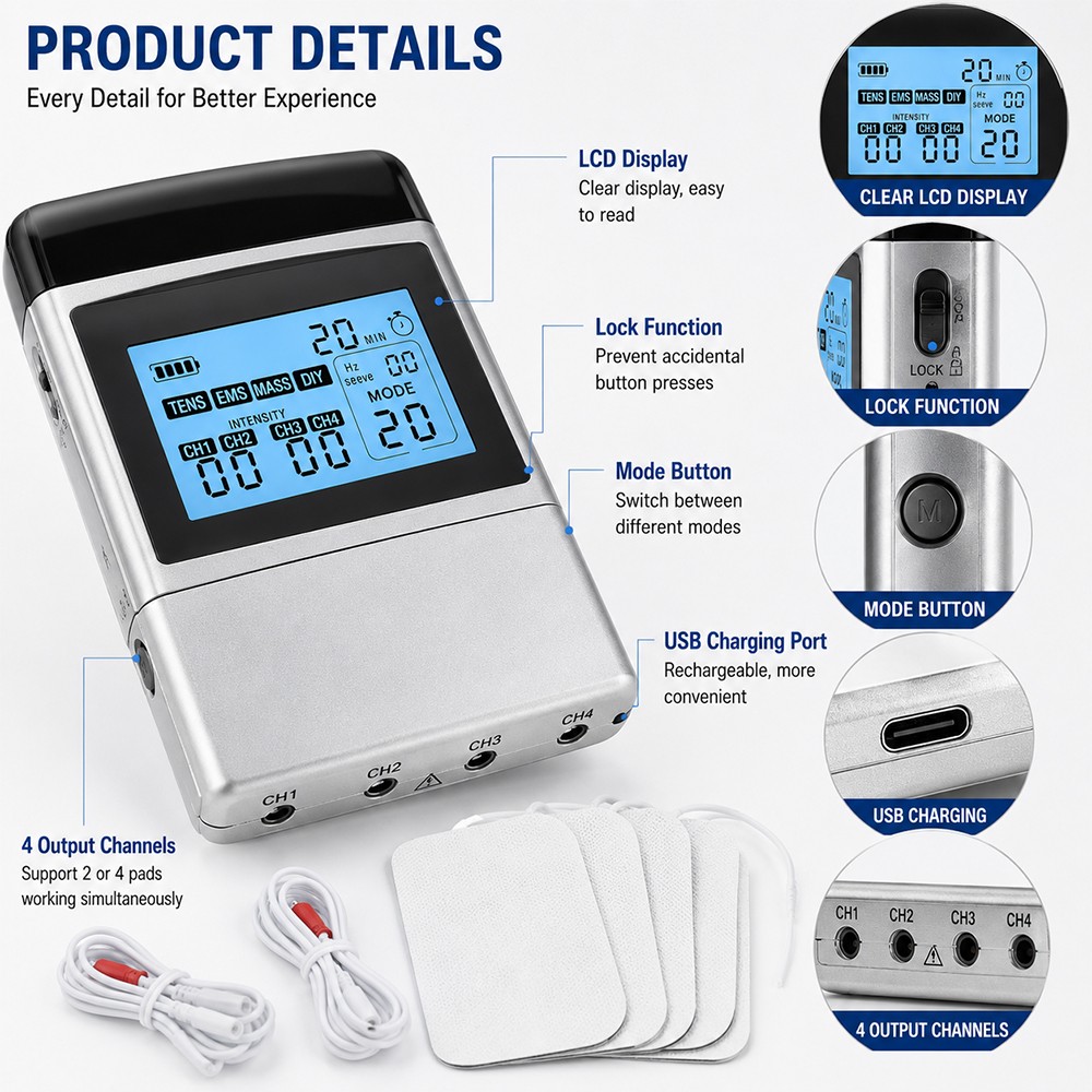 4 Channel TENS EMS Muscle Stimulator Rechargeable Pain Relief Massager Unit LCD