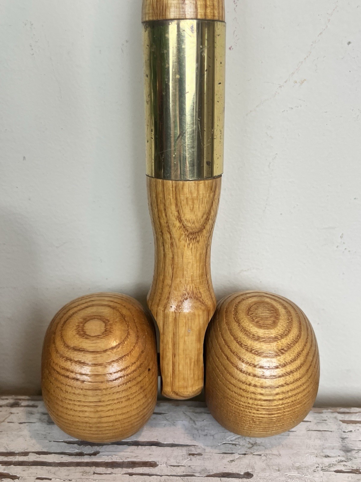 Vintage Wooden Oak Back Massager Roller Rolling Balls W/Handle Brass Accent 15”