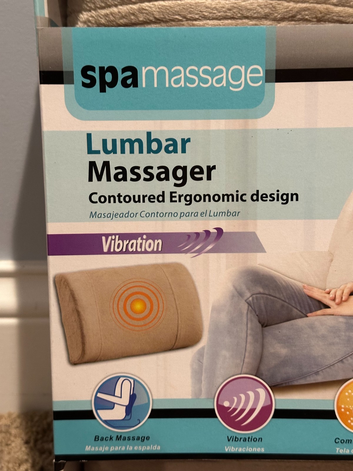 NEW Spa Massage Tan Lumbar Back Massager Contoured Ergonomic Vibrating Cushion