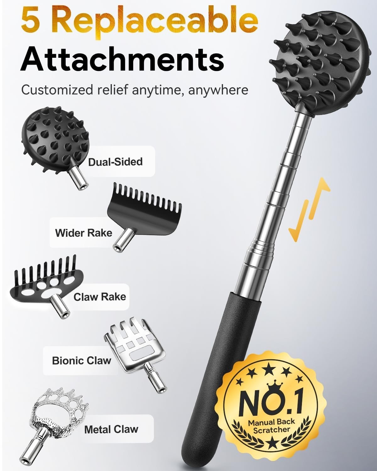 Telescoping Back Scratcher with 5 Heads, Rubber Grip – Perfect Gift for Men & Wo