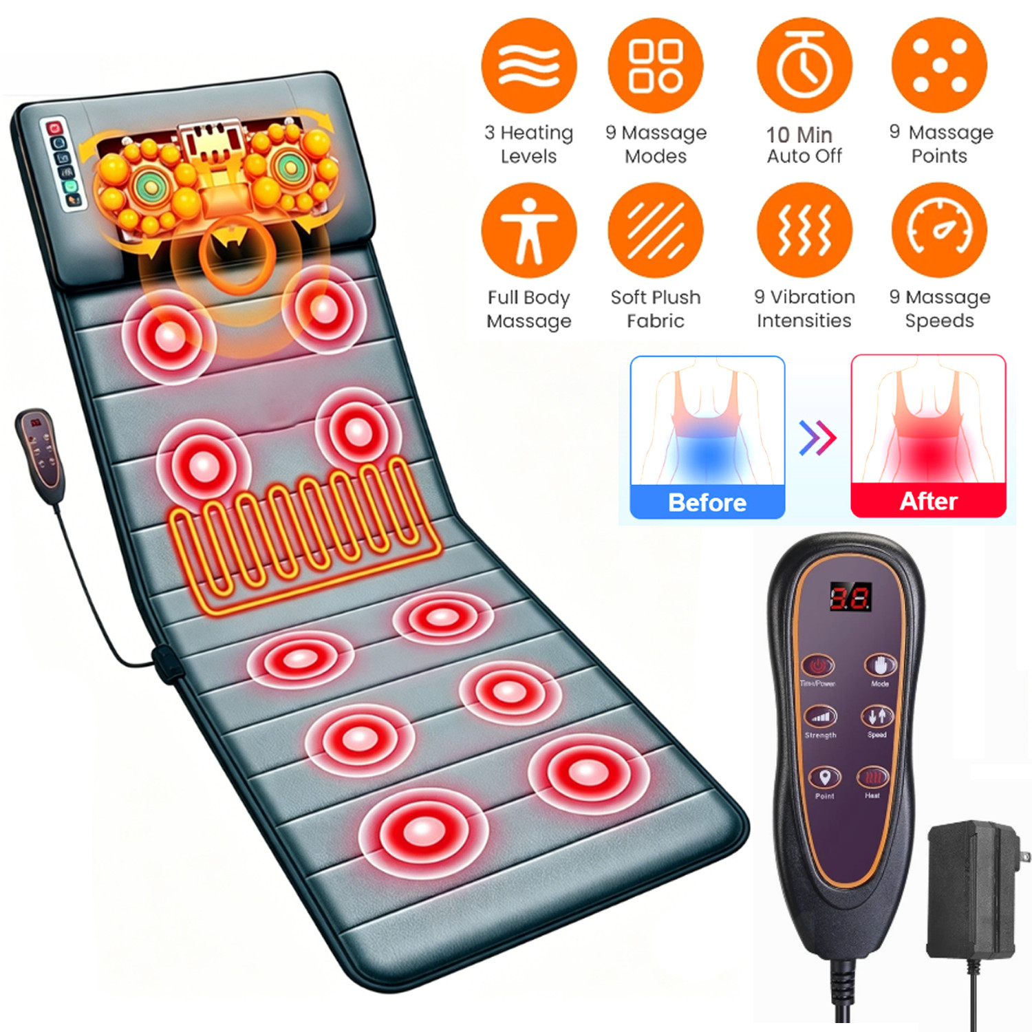 Electric Full Body Heated Massage Mat Neck Back Heating Pad Chair Pad Massage US