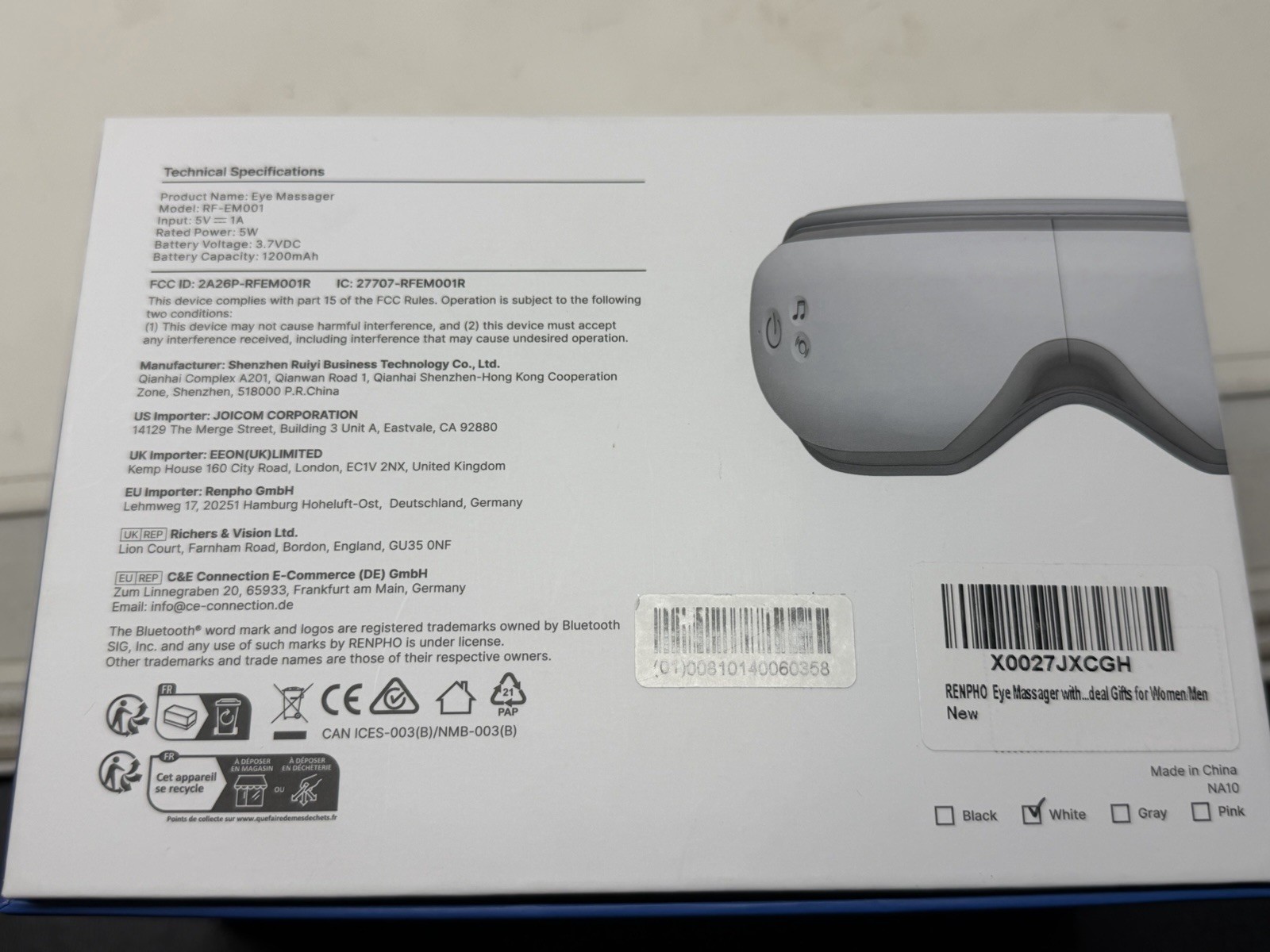 RENPHO Eyeris 1 Eye Massager RF-EM001 Heat Bluetooth Music Air Compression
