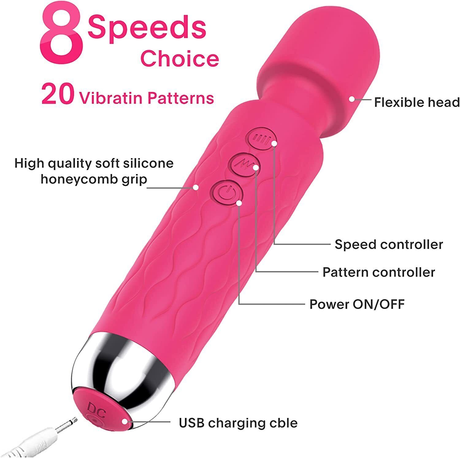 Handheld Massager Vibrator 3 colors Rechargeable 20 Speed Wand Massage Vibrating