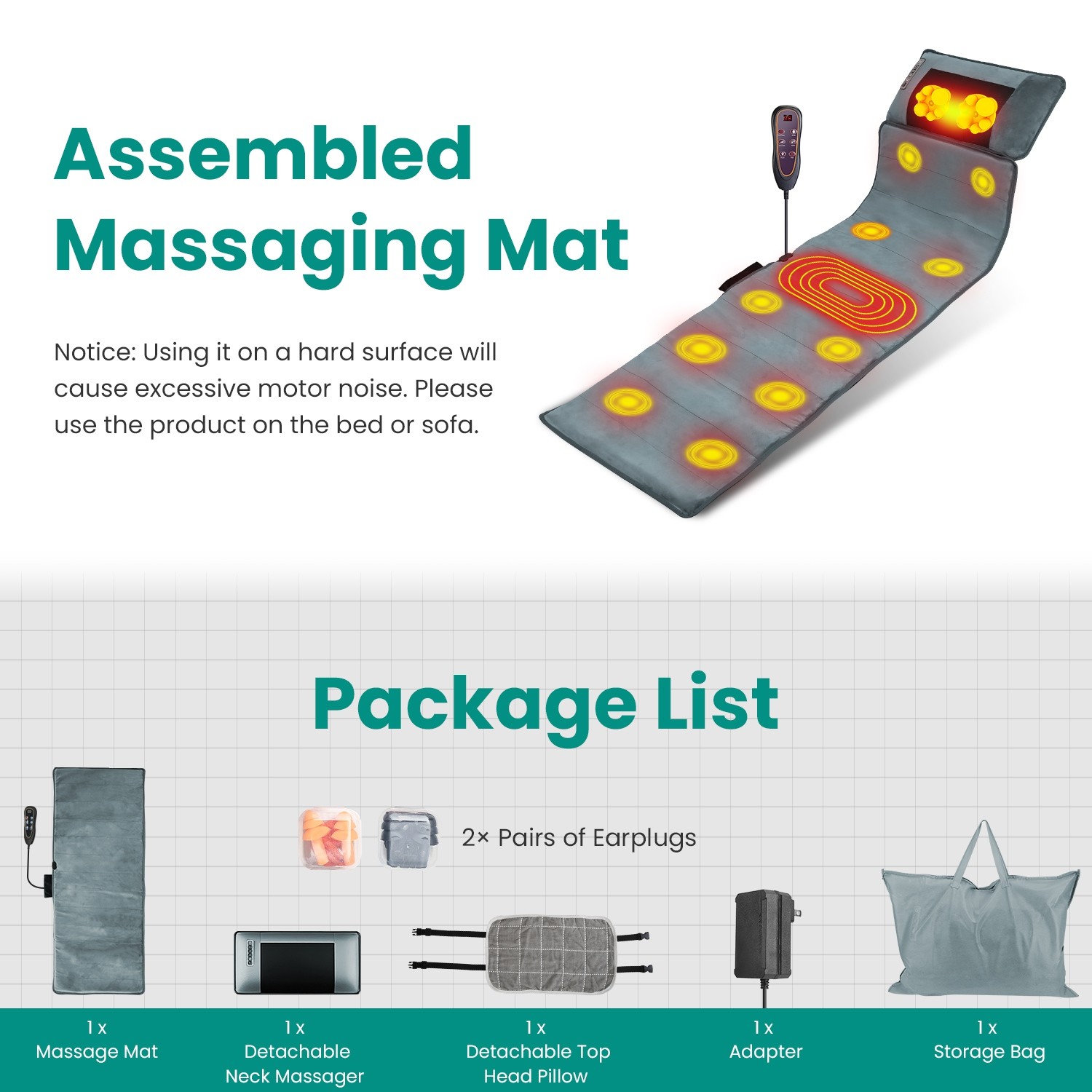 Full Body Massage Mat with Heat & Neck Massage Pillow 10 Vibration Motors Timer
