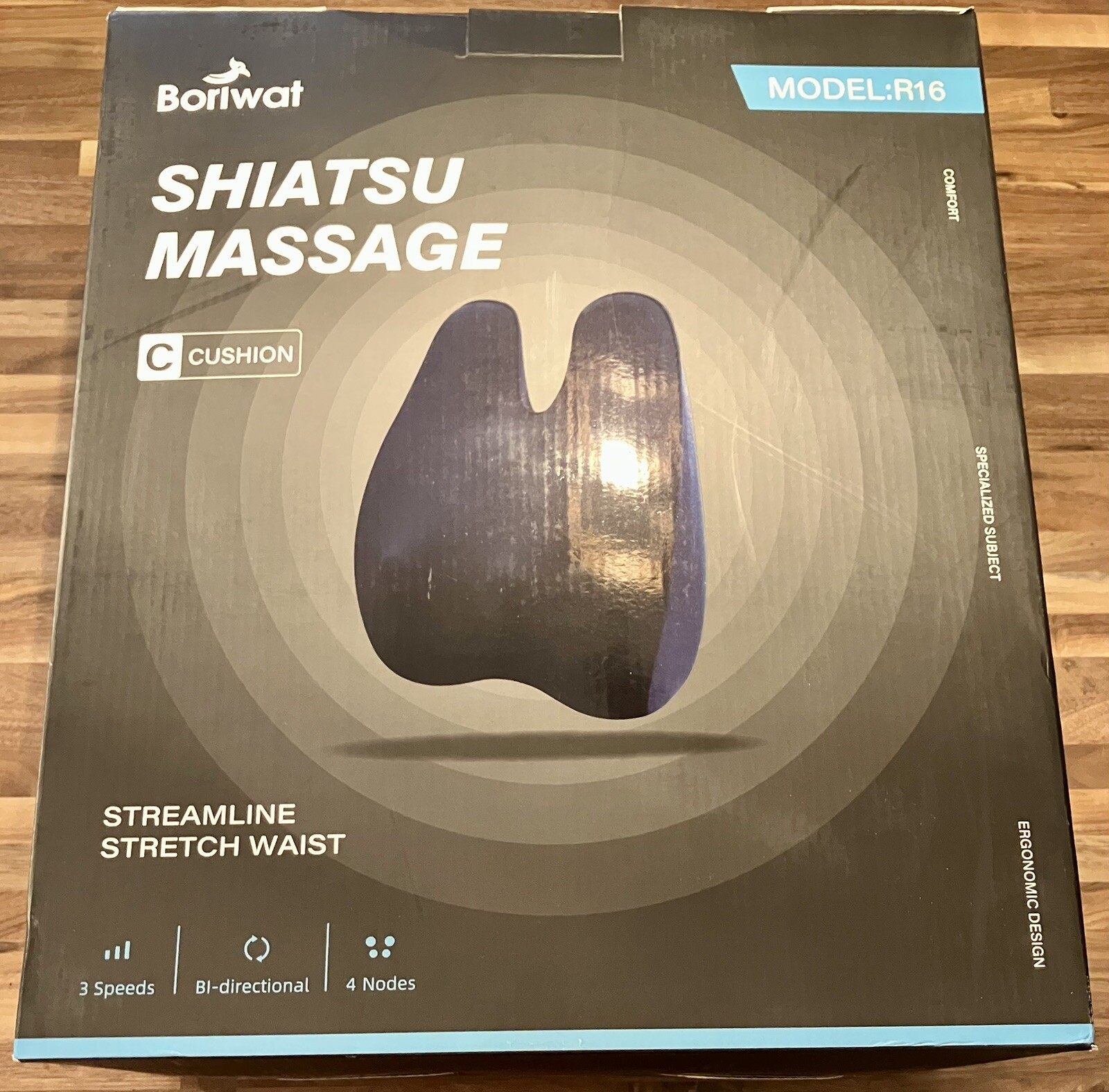 Borlwat R16 Shiatsu Massage Cushion with Heat Back Neck 3 Speeds 4 Nodes – New
