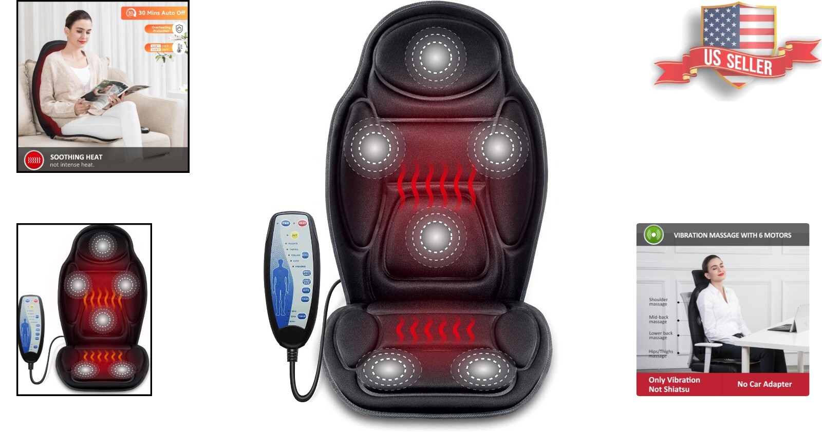 Luxury Massage Chair Cushion – 6 Vibration Modes & Safety Features in Black