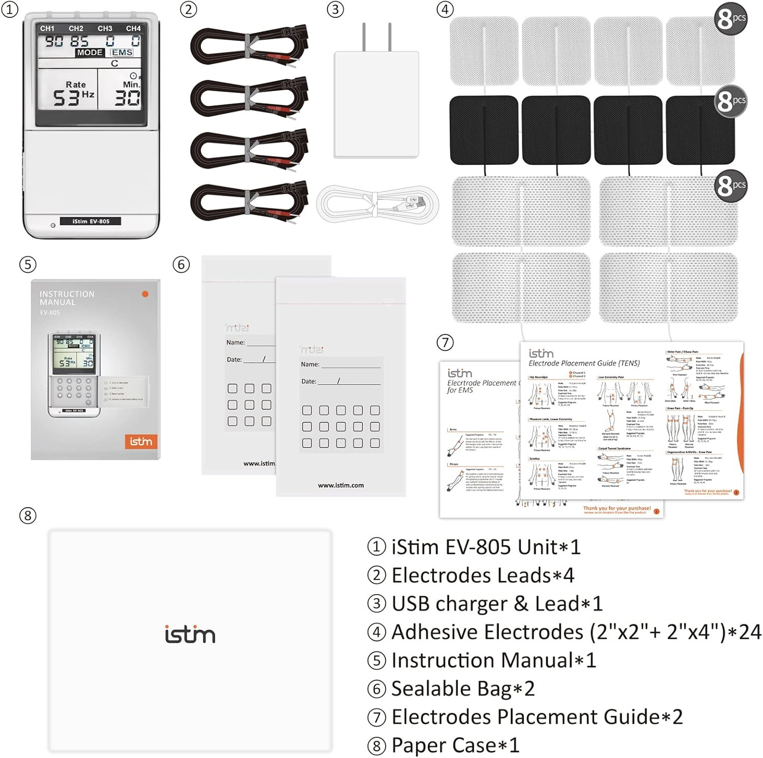 EV-805 TENS EMS 4 Channel Rechargeable Combo Machine Unit – Muscle Stimulator +
