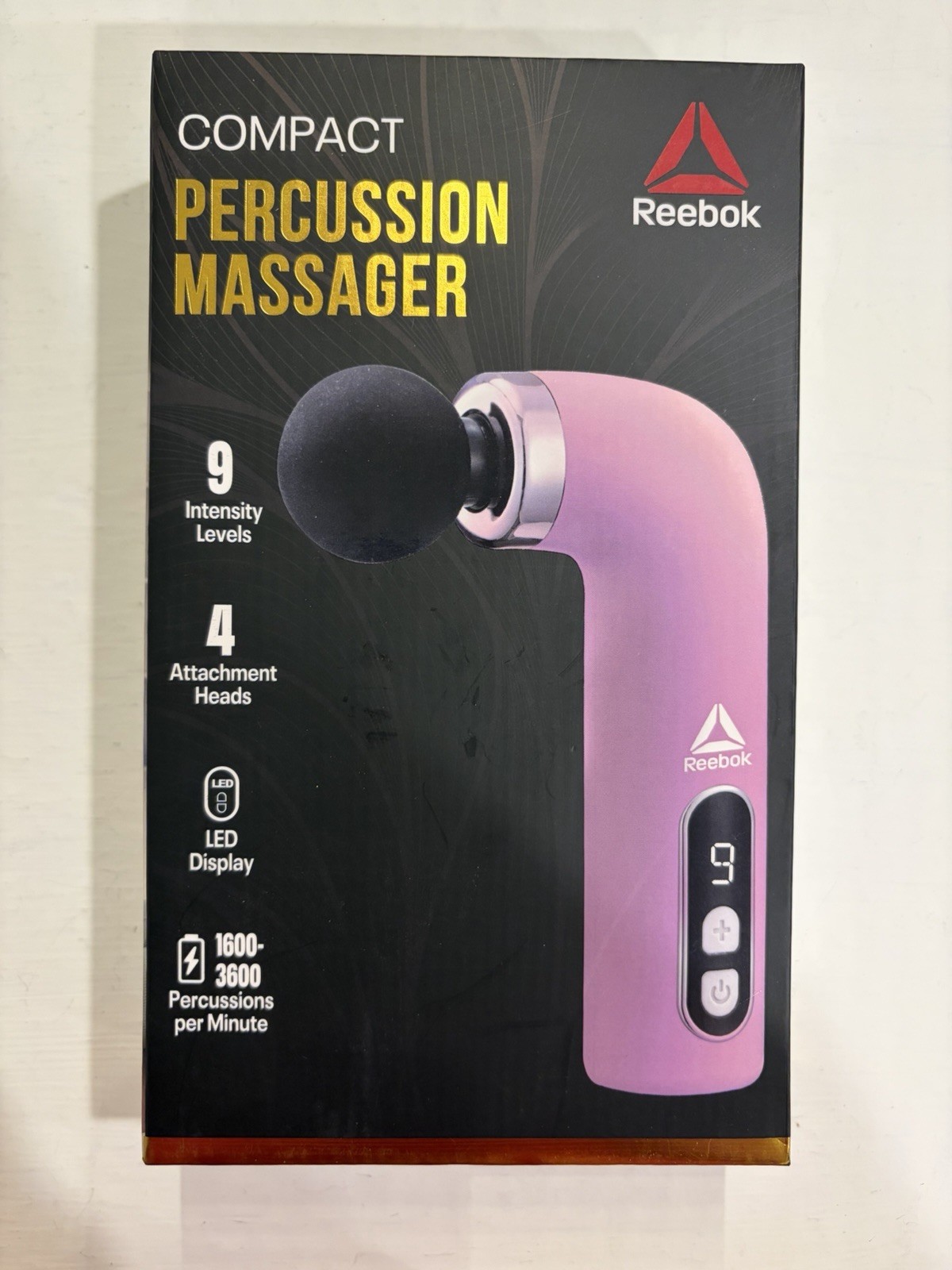 Reebok Compact Handheld Percussion Massager – 9 Intensity Levels, 4 Heads New