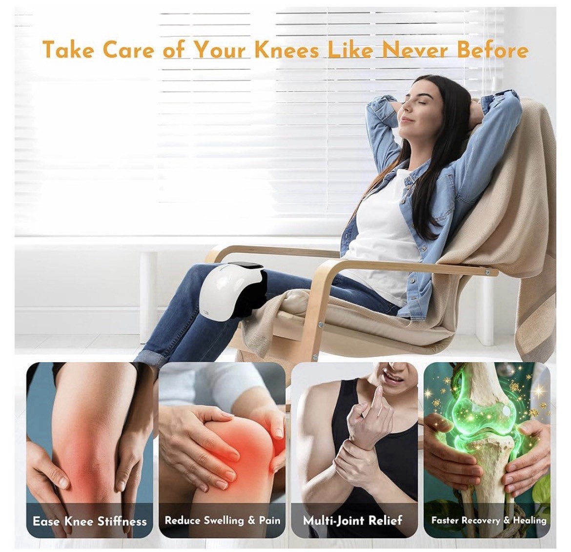 GI 2026 Cordless Heated Vibrating Knee Massager Battery USB Charging White
