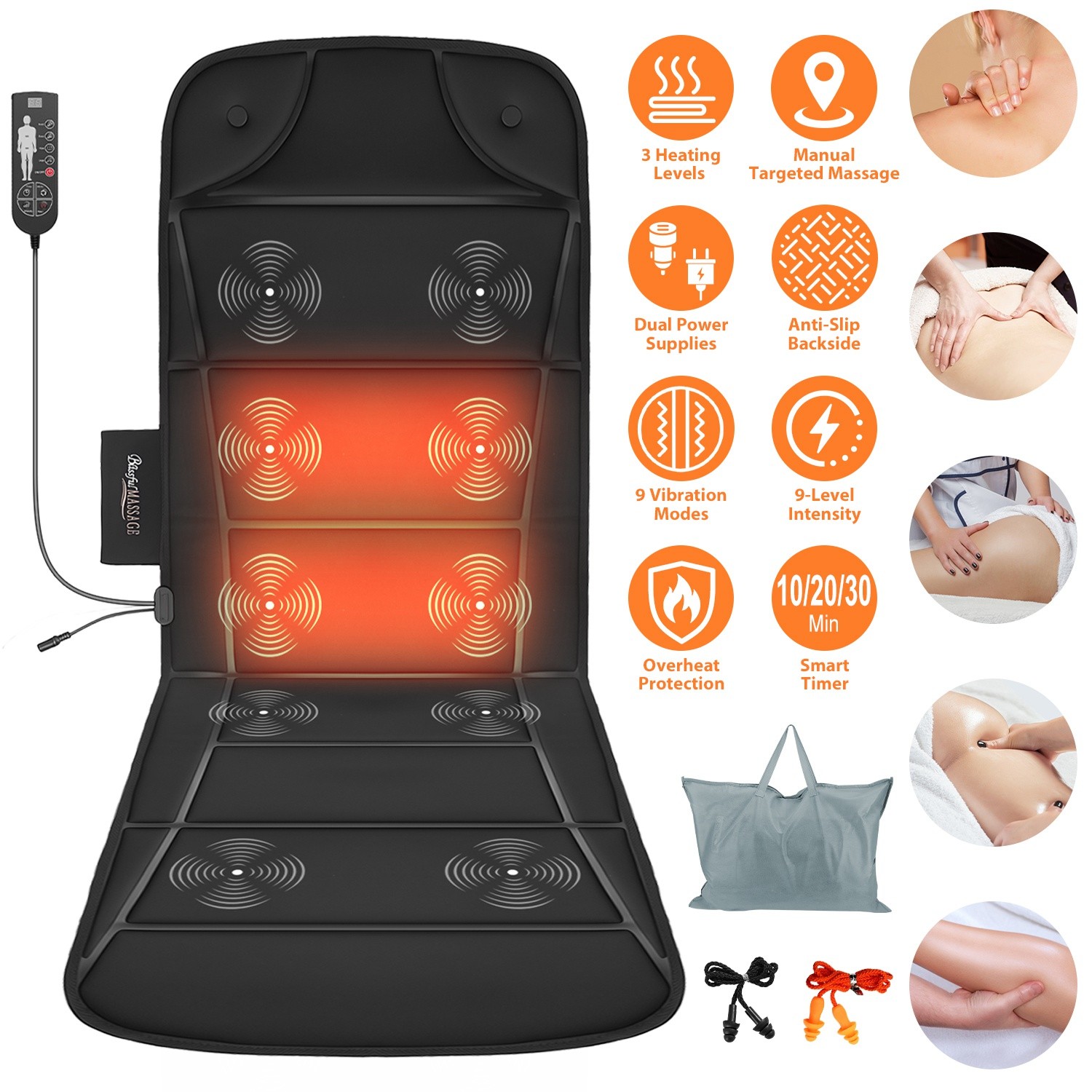 9 Modes Massage mat w/ heat Full Body Vibrating Massage Mattress Pad Car Charger