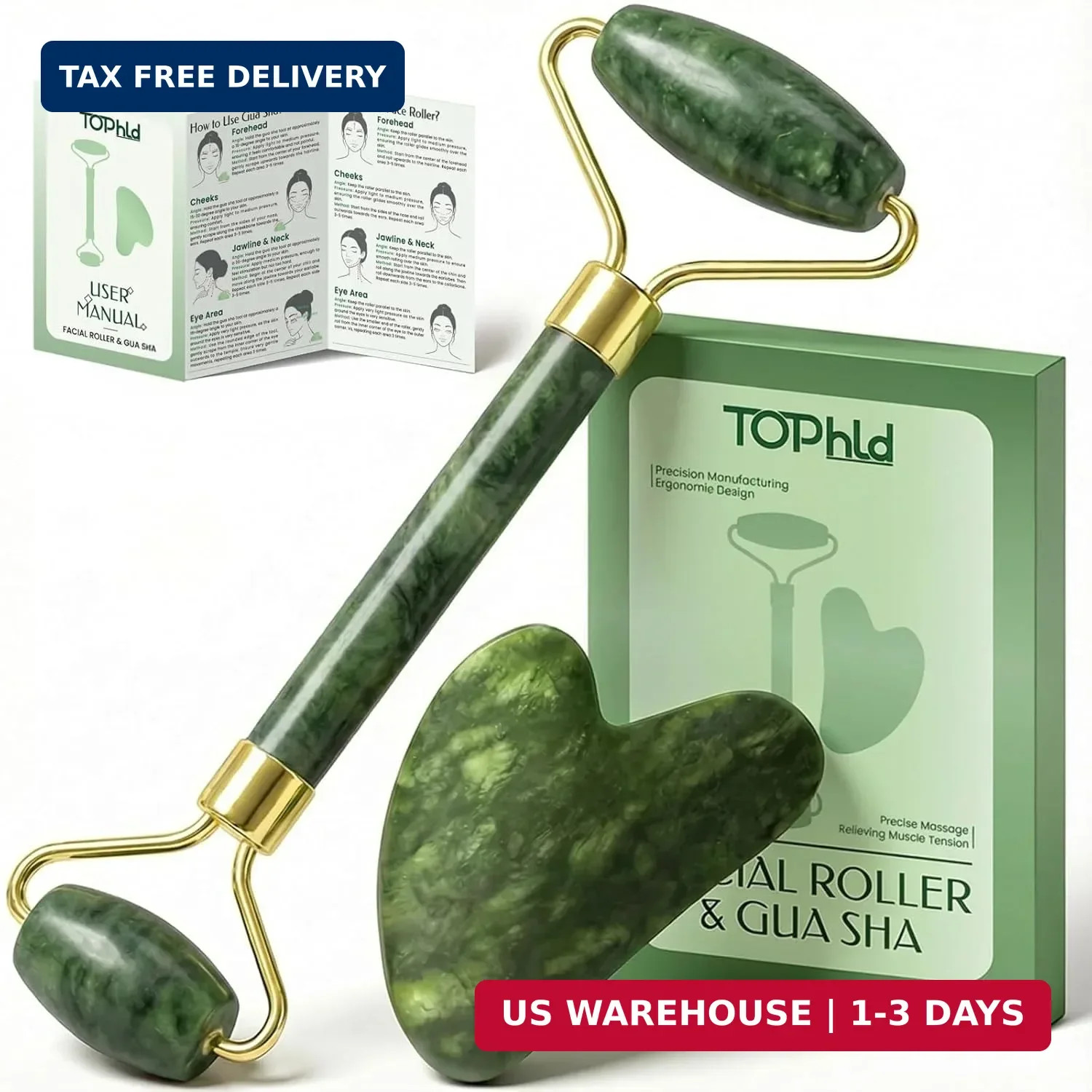 Face Roller & Gua Sha Facial Tools, Massager for Self Care, Jade Green