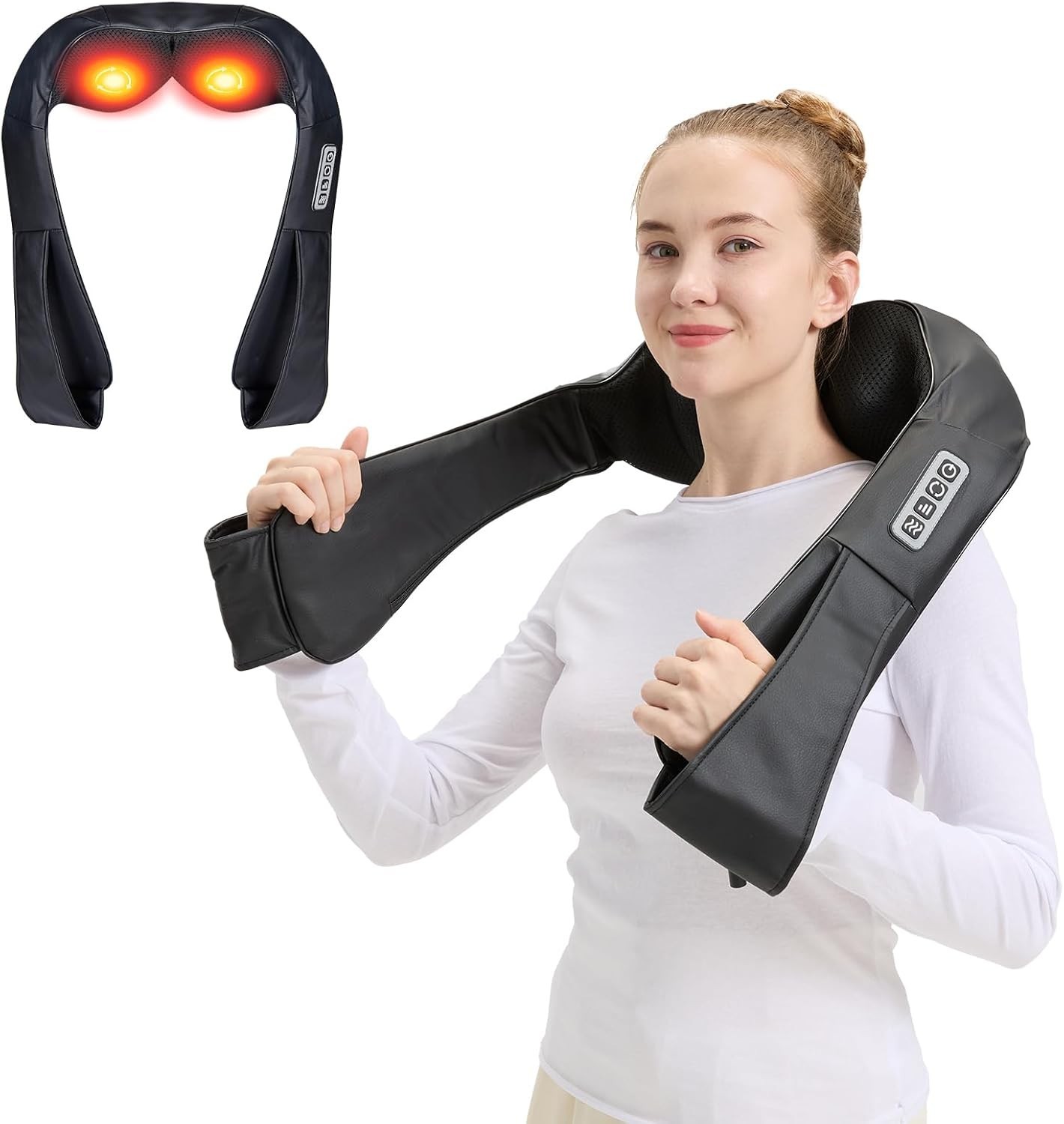 Neck Shoulder Massager Faux Leather Heat Heating Shiatsu Back Home Office