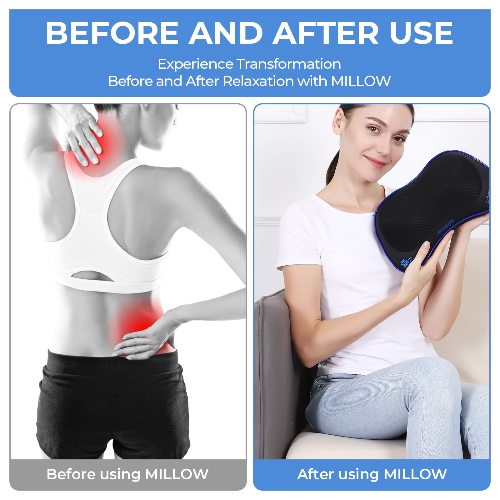 REATHLETE Millow Cordless Shiatsu Massage Pillow with Adjustable Heat,