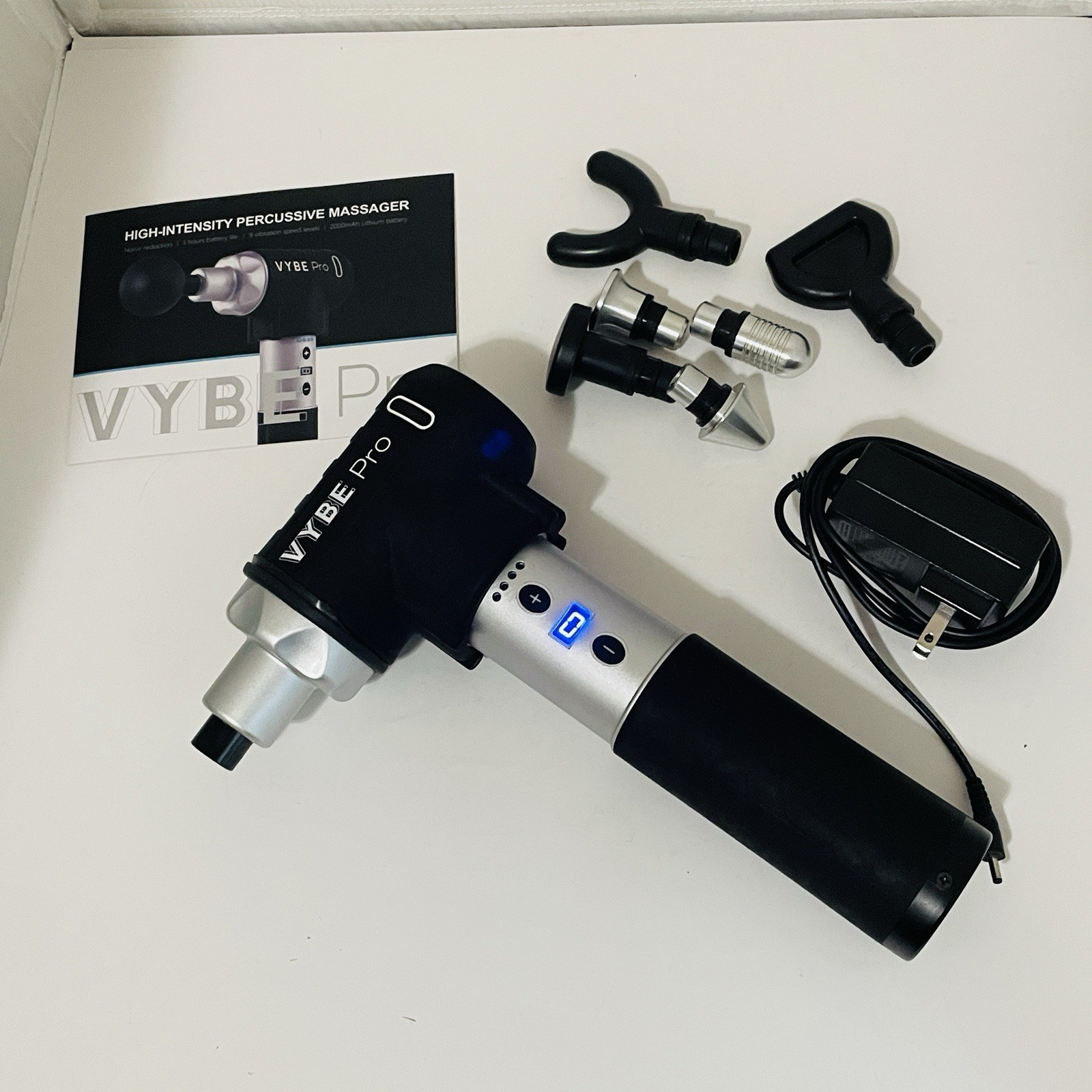 VYBE Pro Percussive Massage Gun w/ 9 Levels of Intensity 6 Heads 2 Missing