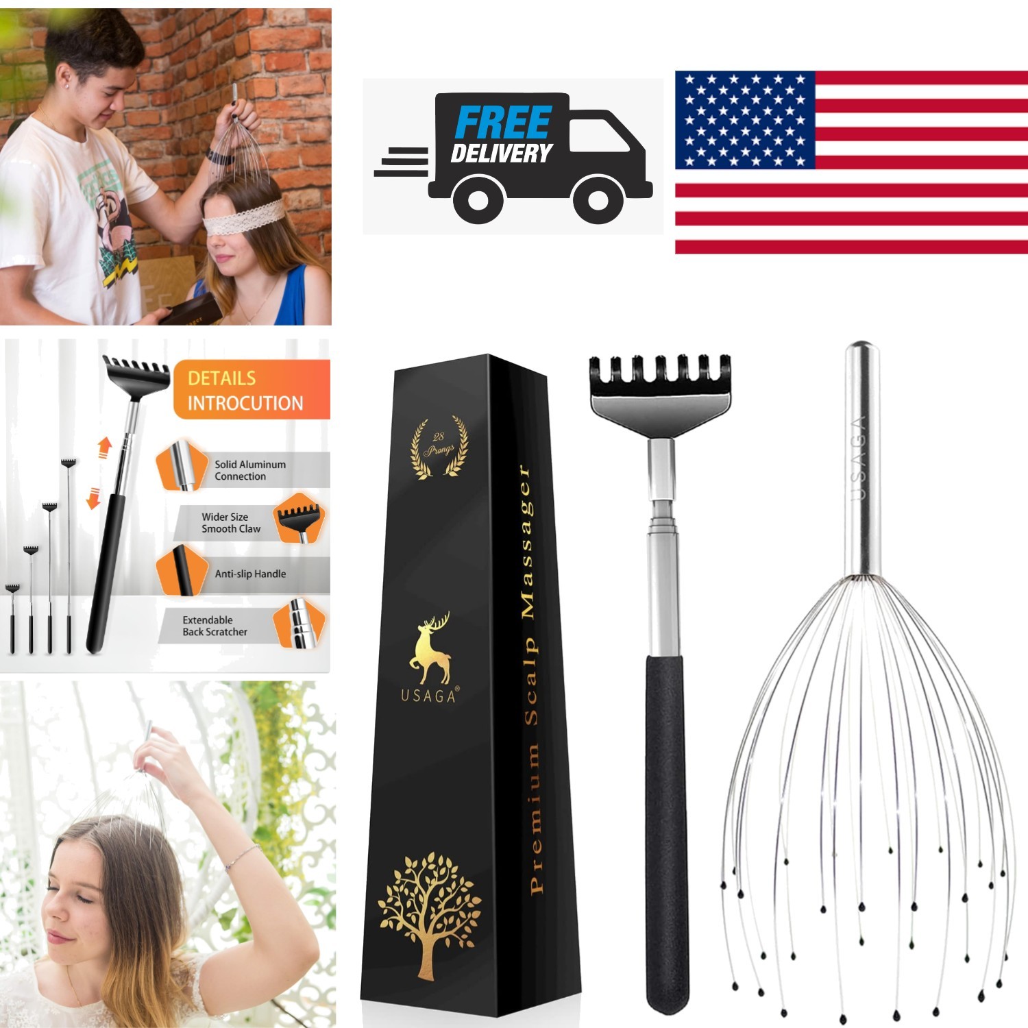 Manual Scalp Massager with 28 Silvery Prongs for Hair Stimulation and Relaxation