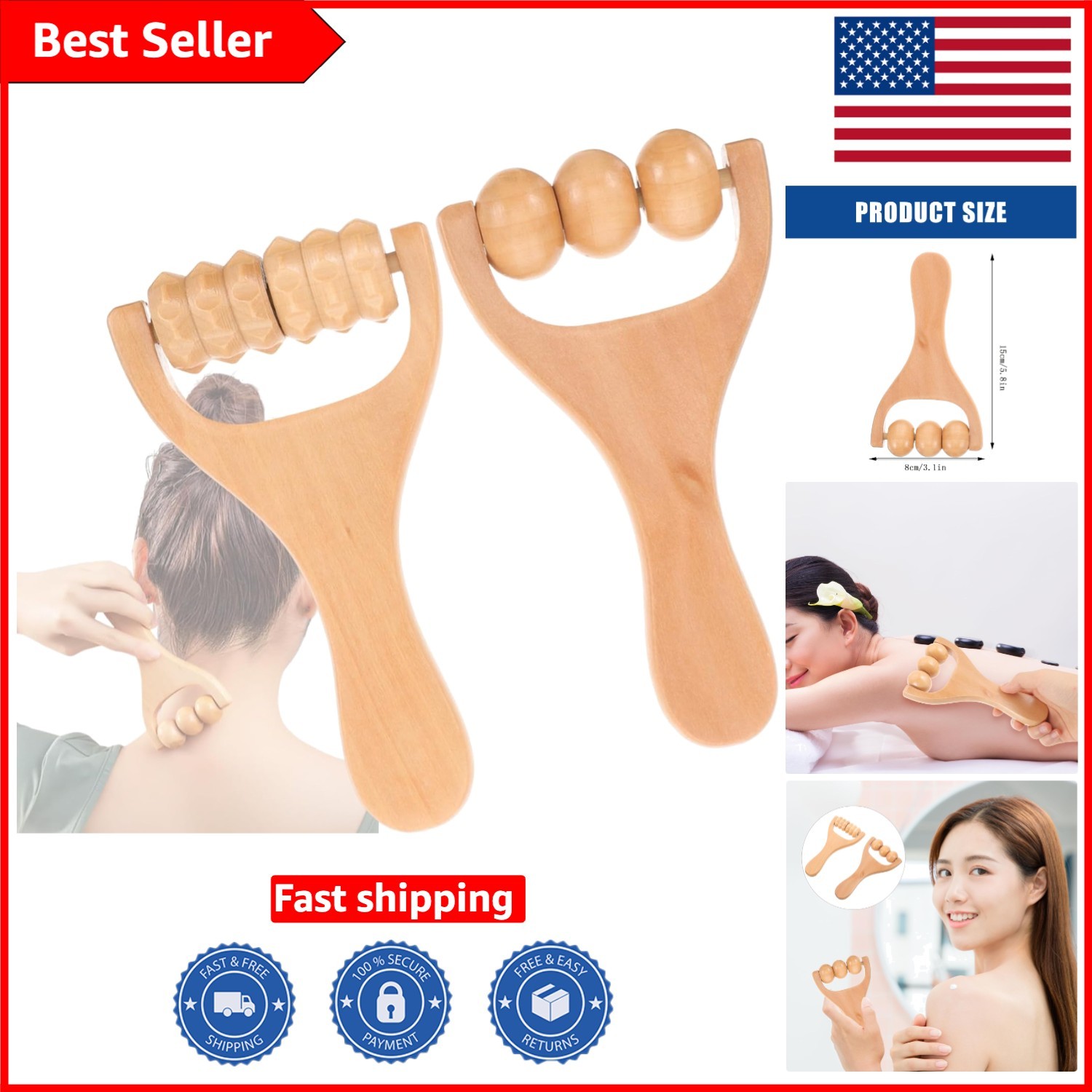 2-Piece Wooden Massage Roller Set for Full Body Acupoint Therapy – 5.85 Inch