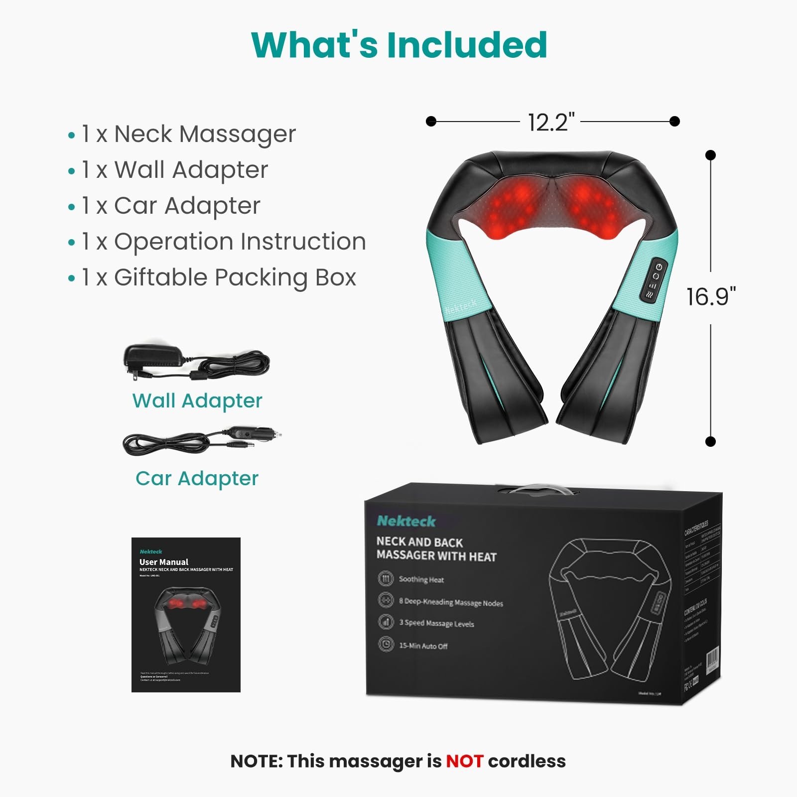Shiatsu Neck Massager with Heat – Deep Tissue Back & Shoulder Kneading Pillow, P