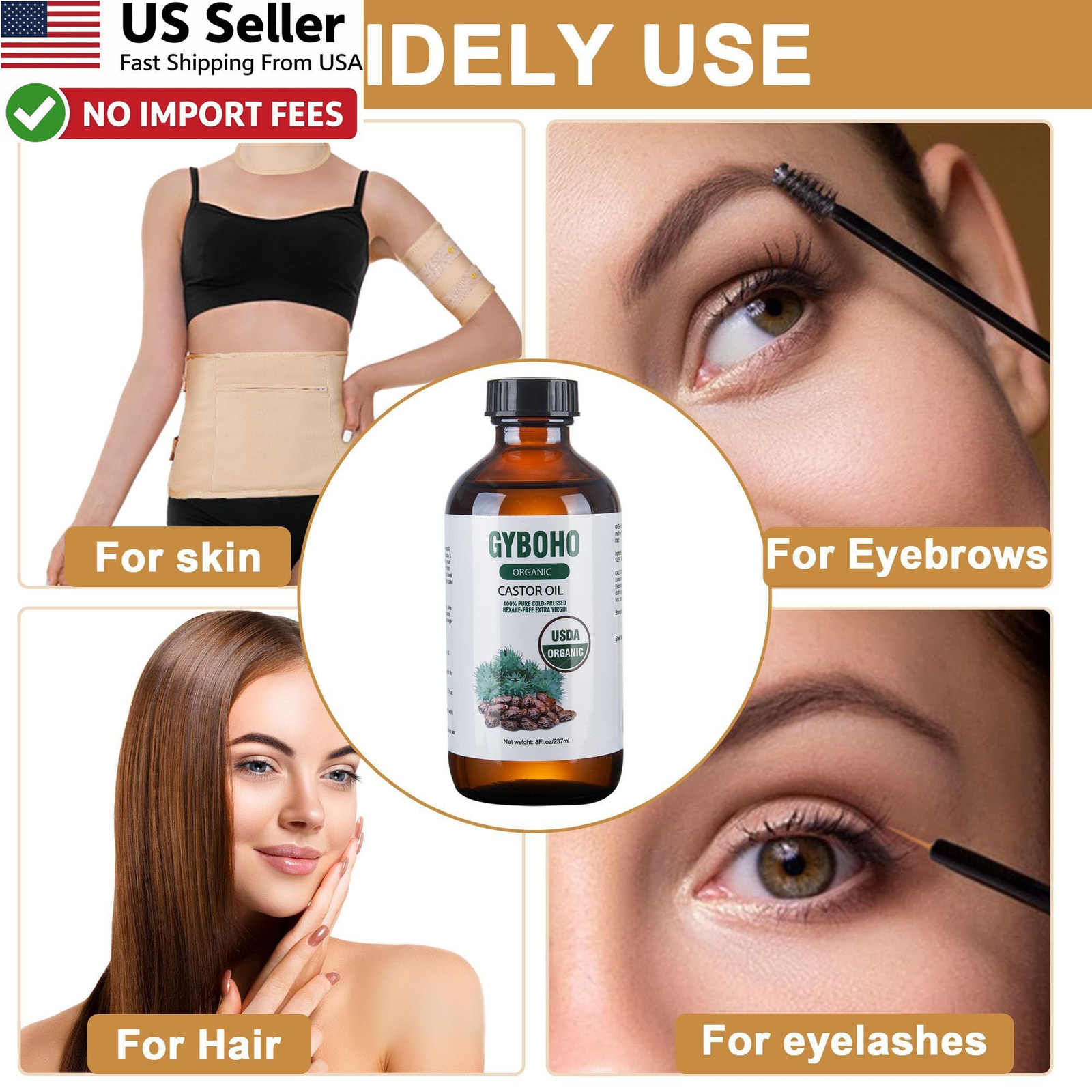 8oz Organic Castor Oil 4Pcs Reusable Cotton Pack Wrap Detox Kit Eyelash FROM USA