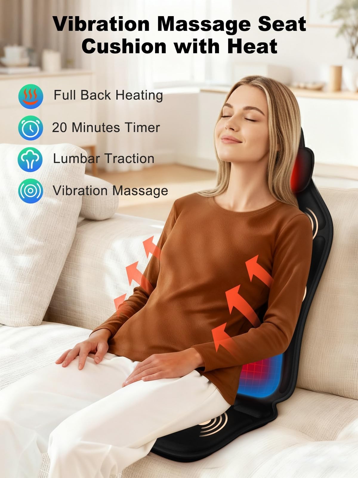 Vibration Massage Seat Cushion with Heat – Full Back & Neck Massager, 8 Motors,