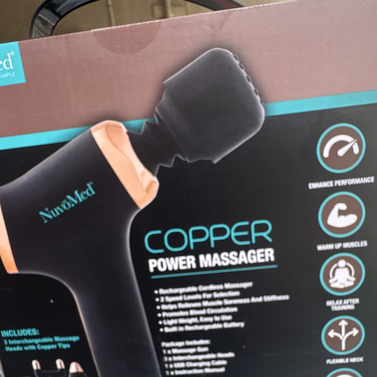 NuvoMed Copper Power Cordless Rechargeable Percussion Massage Gun, 3 Heads