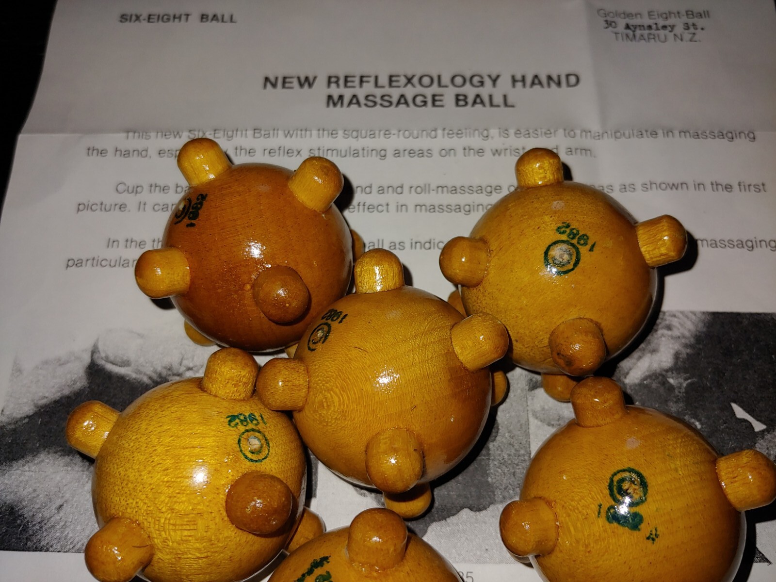 8 Vintage 80’s Mint Wood Reflexology Hand Massage Balls,Instructions,New Zealand