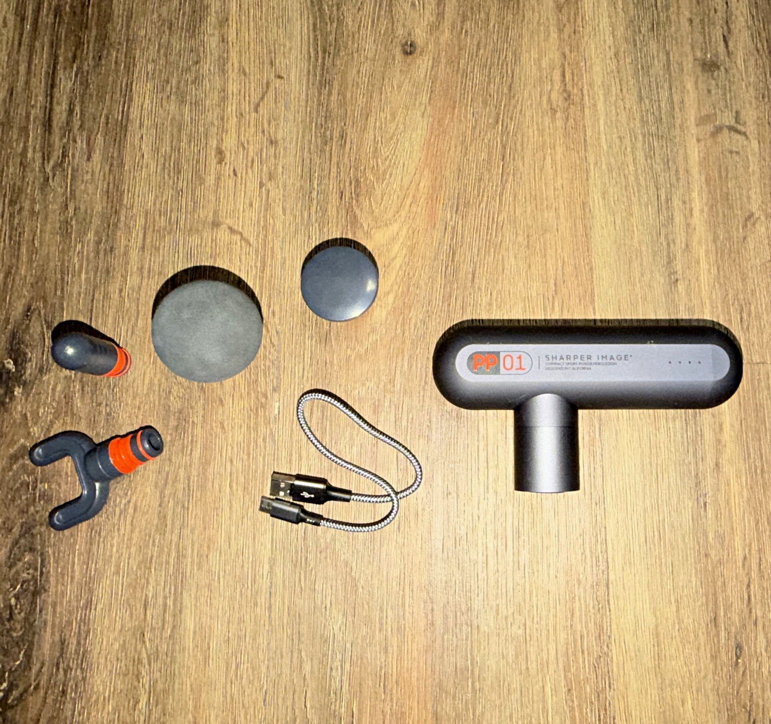 Sharper Image PB01 Percussion Massage Gun, Cordless Handheld, 4 Heads, USB