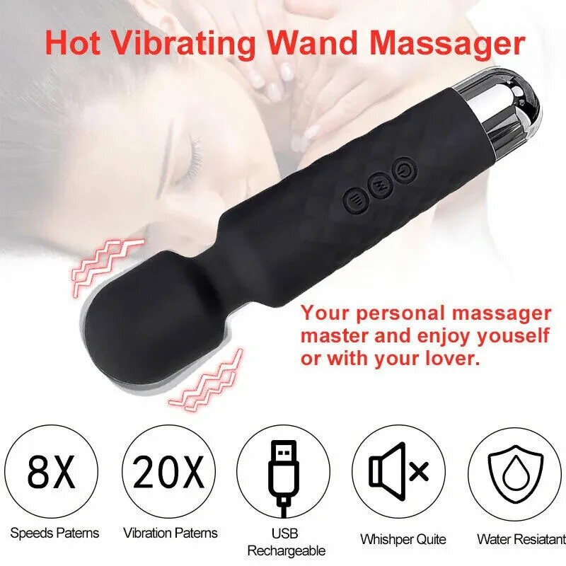 Pink/Black 20 Speed USB Handheld Massager Wand Vibrating Massage Therapy