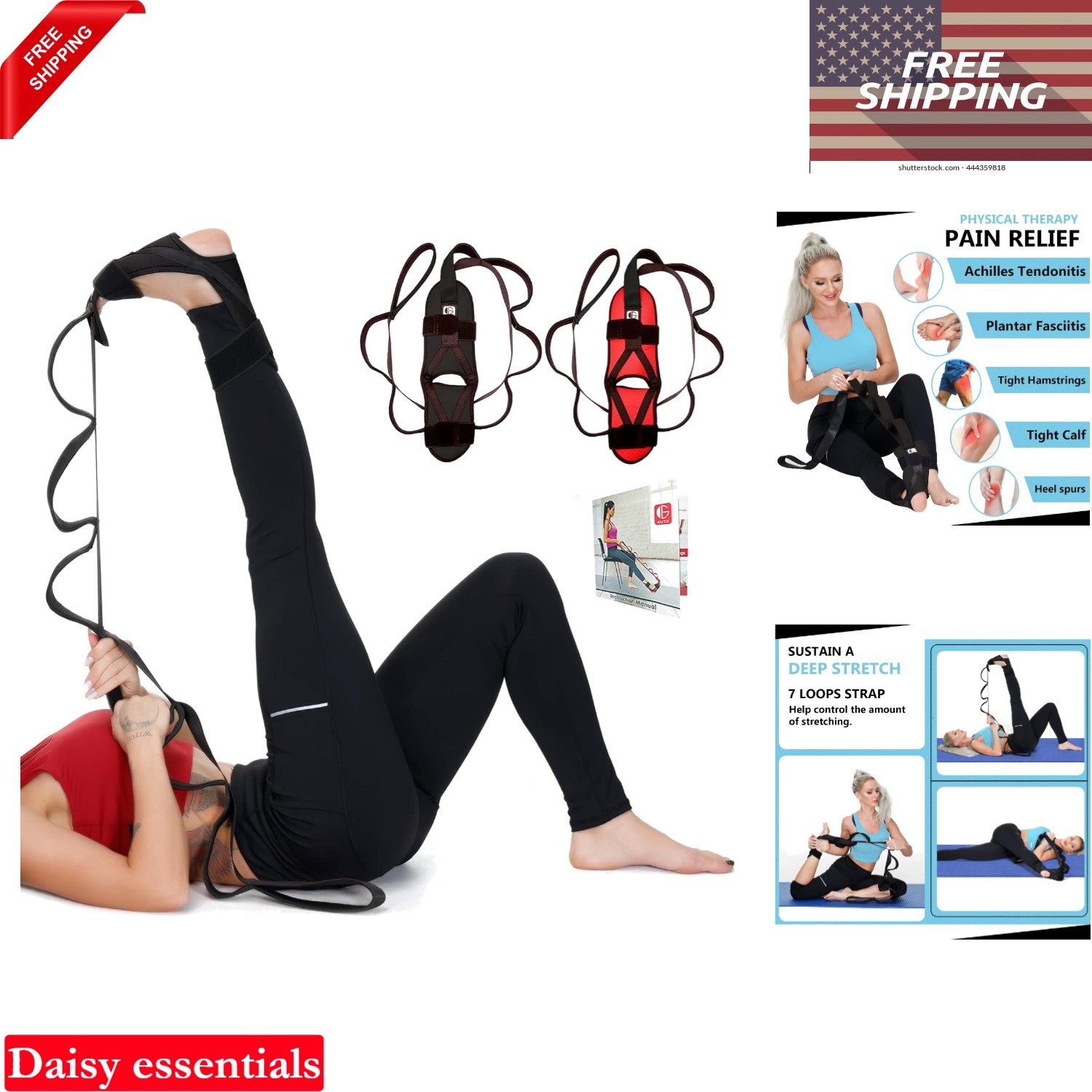 Foot and Calf Fascia Stretcher for Plantar Fasciitis Relief Yoga Strap Black 60″