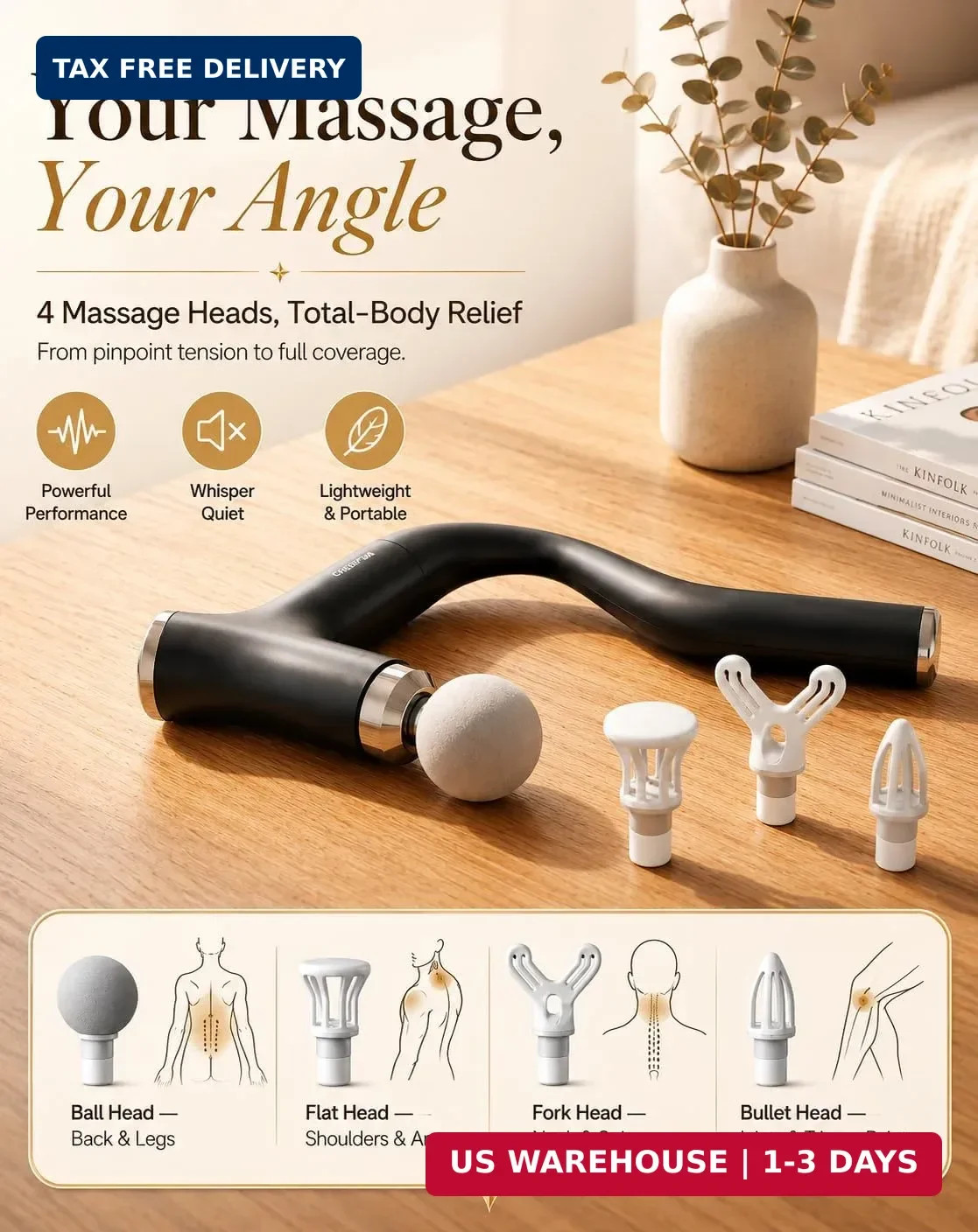 2-in-1 Back Massage Gun with Detachable Curved Handle, Back, Neck & Full Body