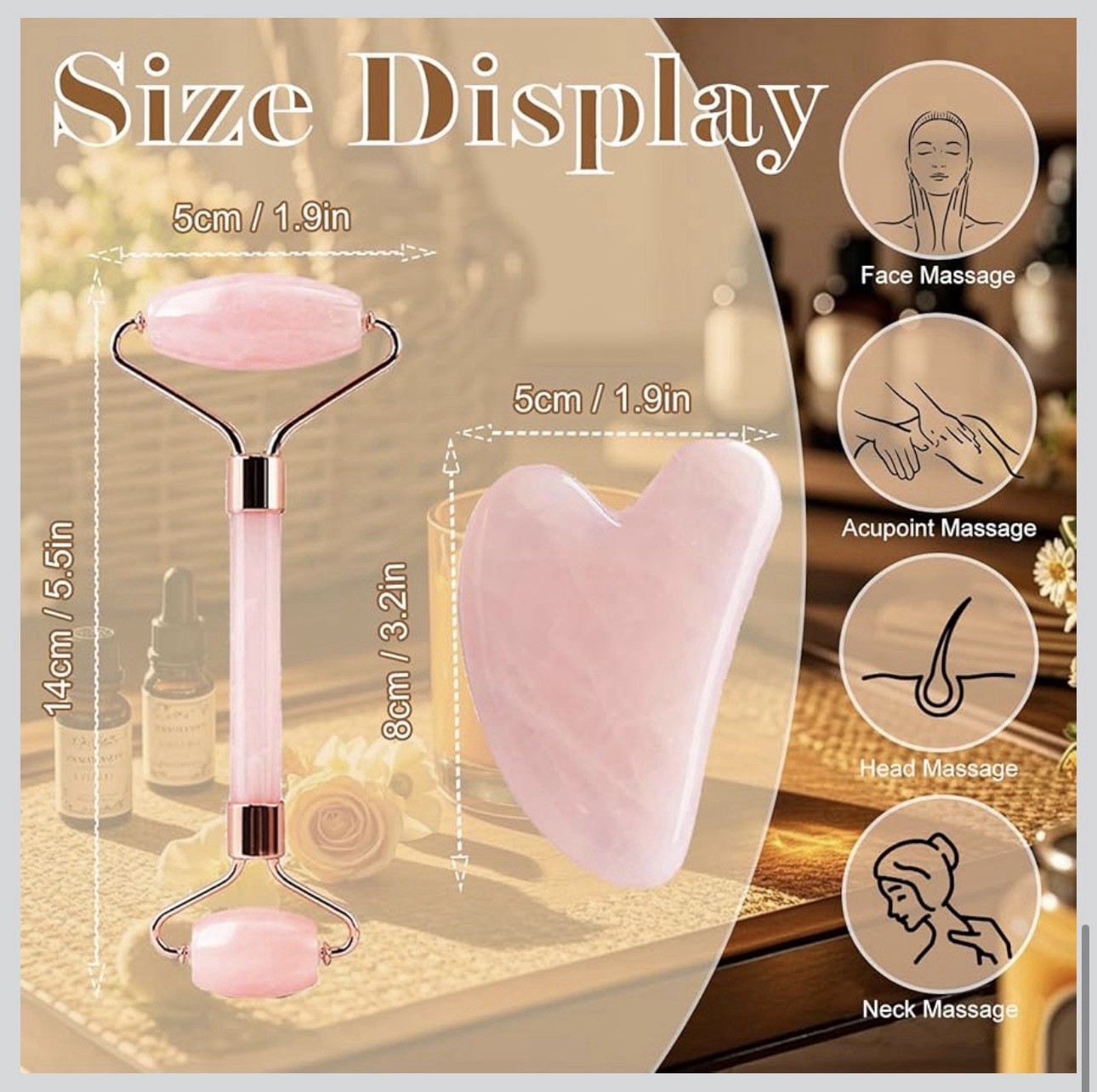 Rose Quartz Jade Roller & Gua Sha Face Body Therapy Massager Stone Set