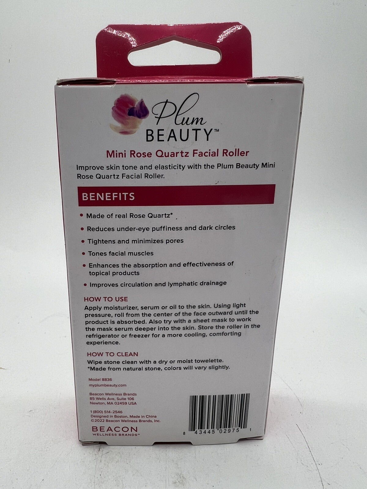 Plum Beauty Pink Rose Quartz Facial Roller Massager Travel Size Stress Wrinkles