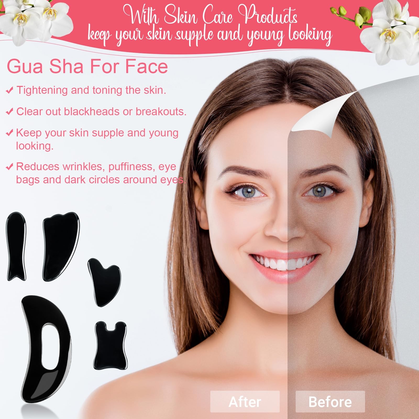 Treela 5 Pcs Gua Sha Facial Tools Set and 1 Body Resin, Black