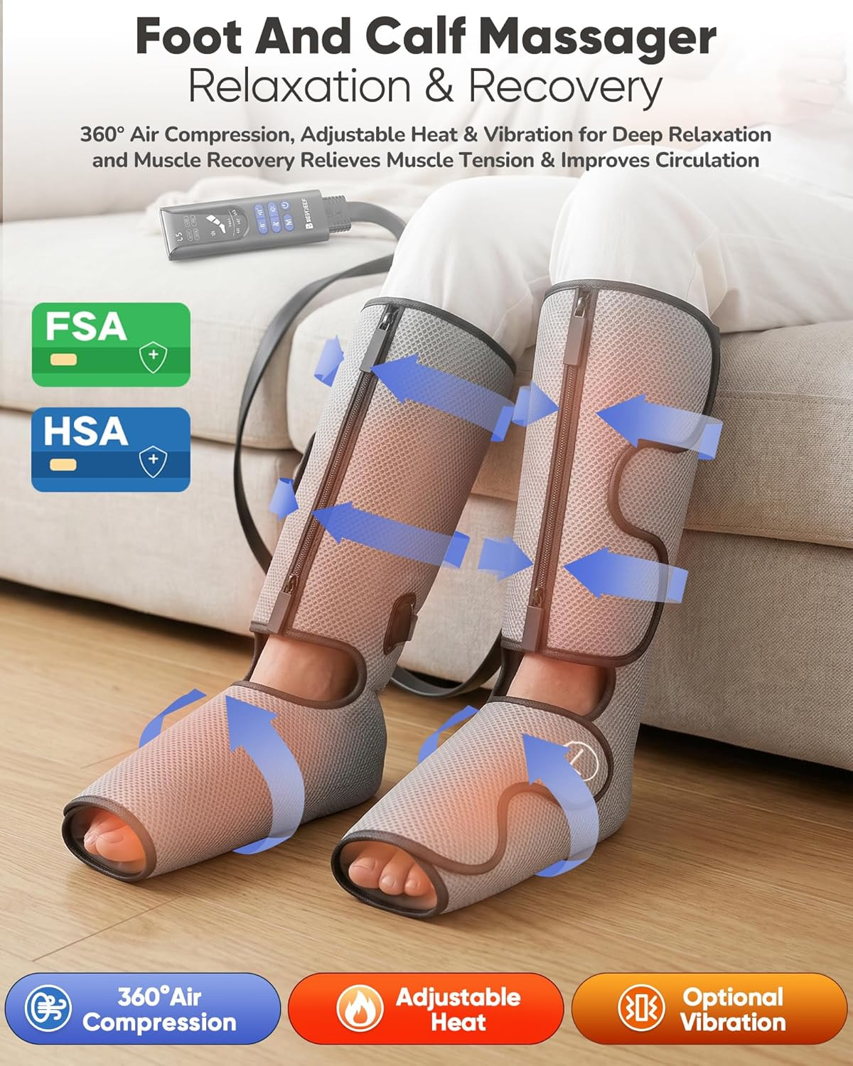 Air Compression Leg Massager with Heat : Foot and Calf Massager for Circulation