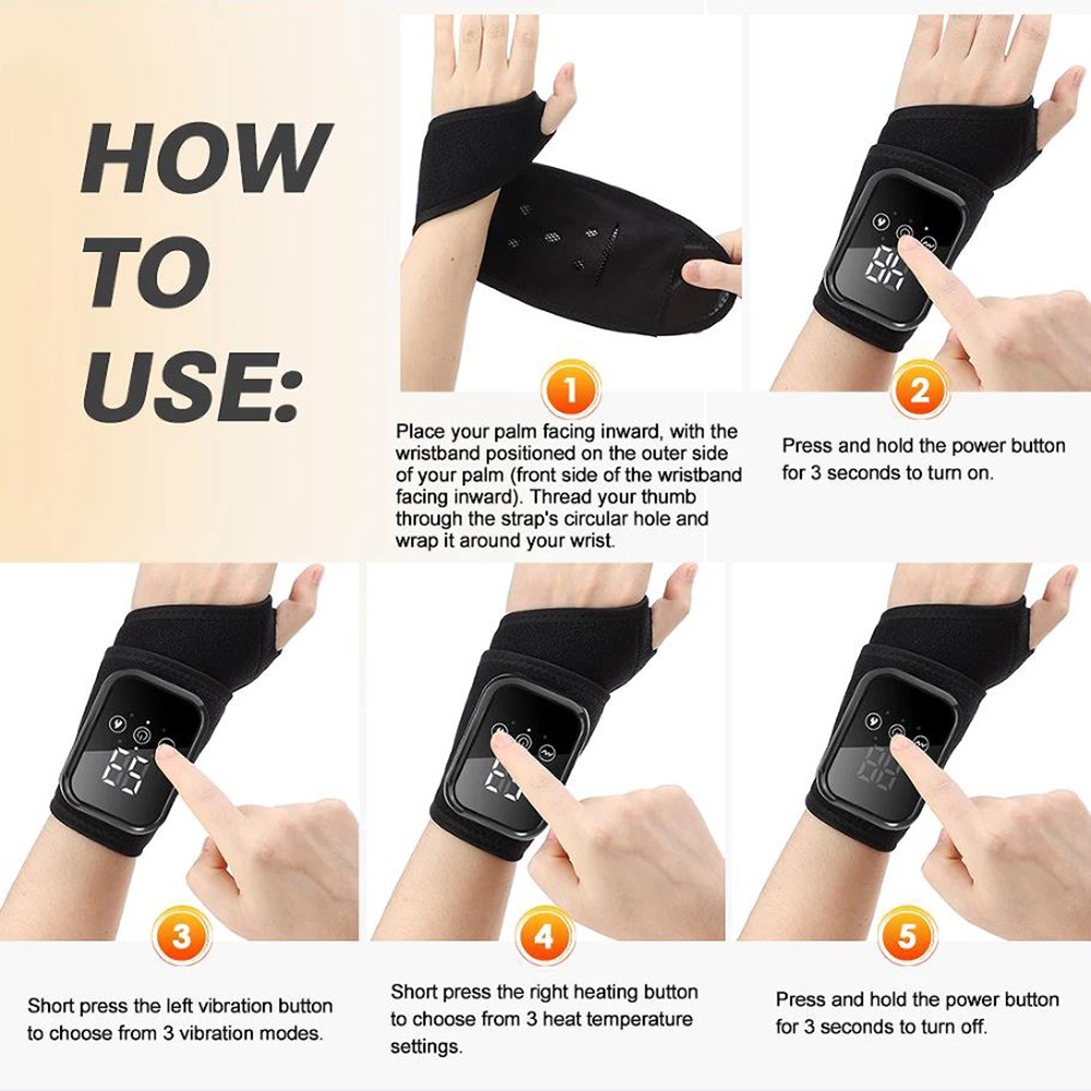 Heated Wrist Hand Massager 3 Vibration & 3 Hot Compression Therapy Pain Relief